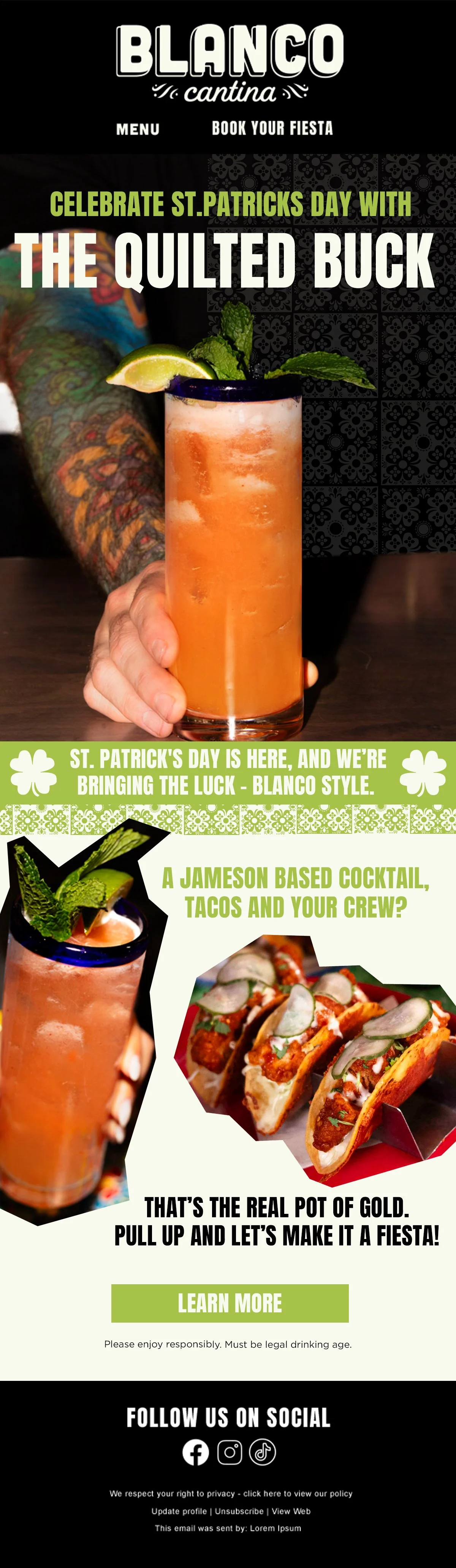 A promotional flyer for Blanco T. Cantina celebrating St. Patrick's Day. Features a Jameson-based cocktail called The Quilted Buck, garnished with lime and mint. Includes images of the cocktail and tacos, with green shamrocks and decorative patterns.