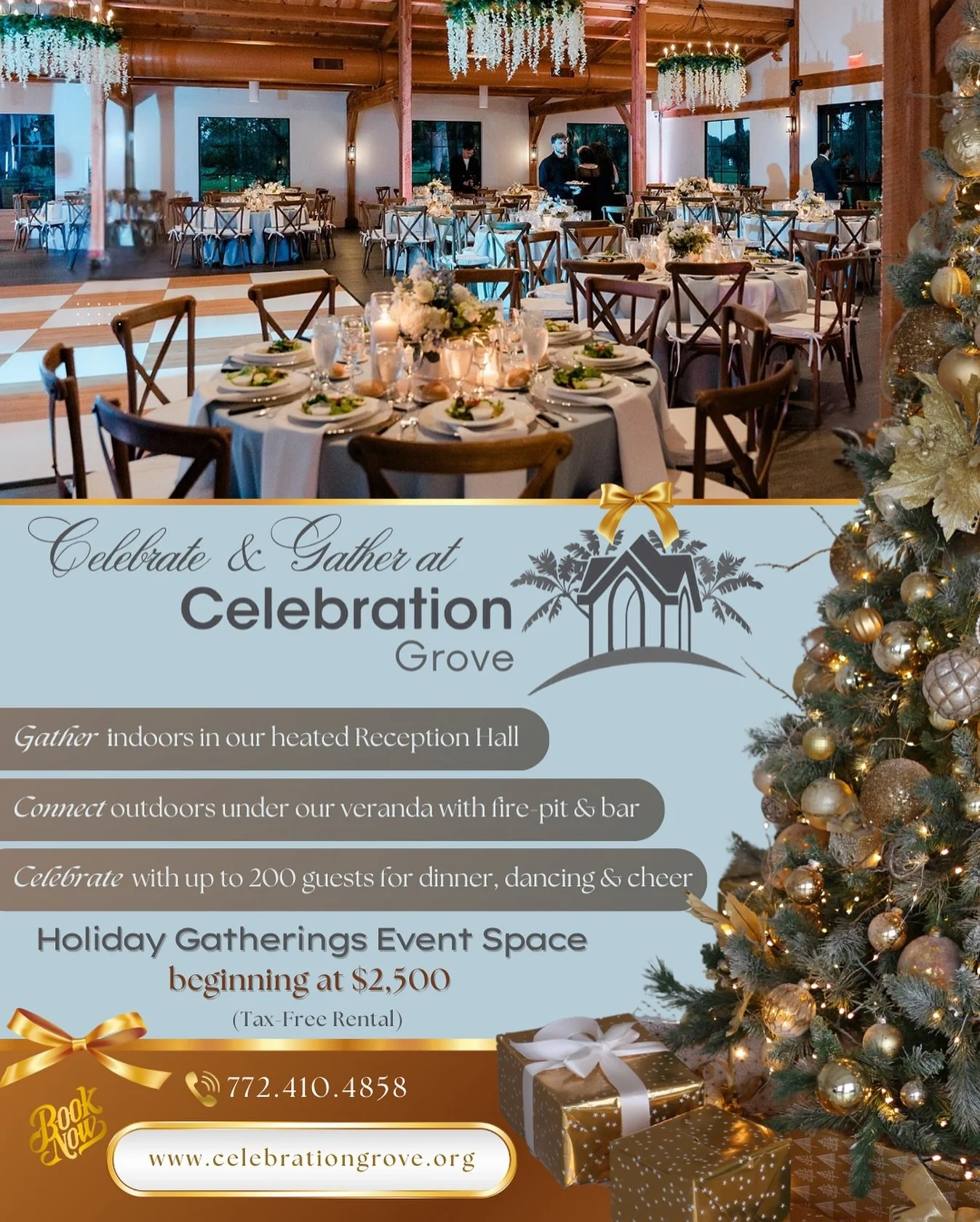 ✨ 𝙂𝙖𝙩𝙝𝙚𝙧 &bull; 𝘾𝙤𝙣𝙣𝙚𝙘𝙩 &bull; 𝘾𝙚𝙡𝙚𝙗𝙧𝙖𝙩𝙚 ✨
at Celebration Grove in Vero Beach, FL

Looking for the perfect space to host your Christmas party, corporate gathering, or gala?

Celebration Grove offers:
✔ Space to host up to 200 gu