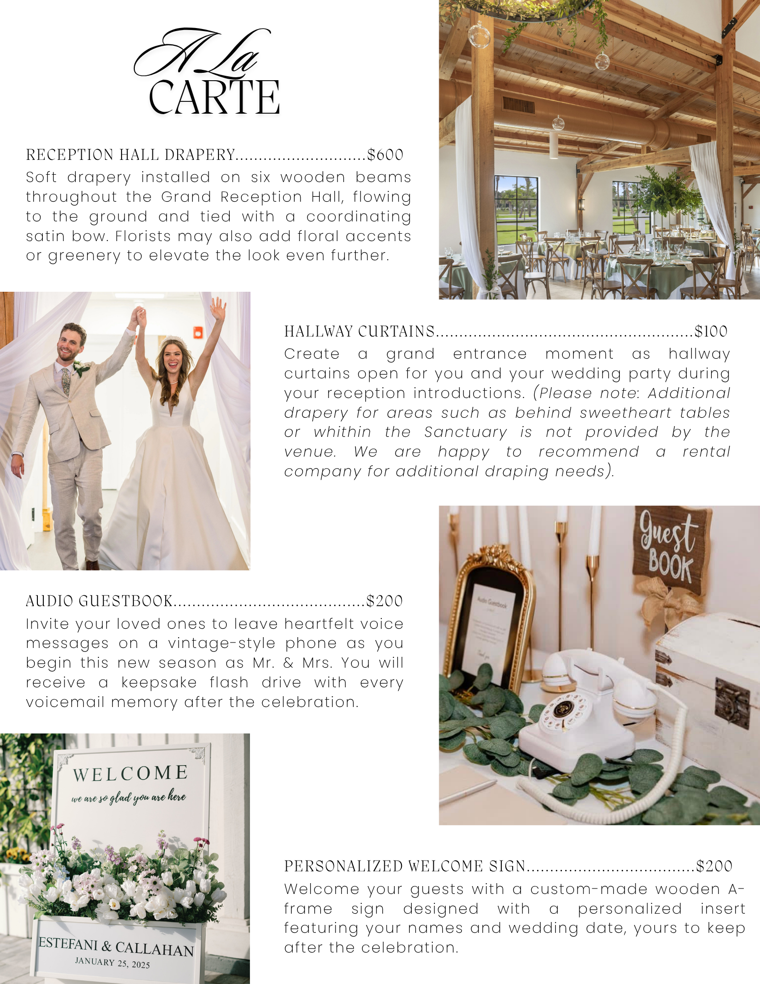 Celebration Grove A La Carte Wedding Package information sheet with details on ceremony options, planning timelines, venue access, and amenities in Vero Beach, Florida.