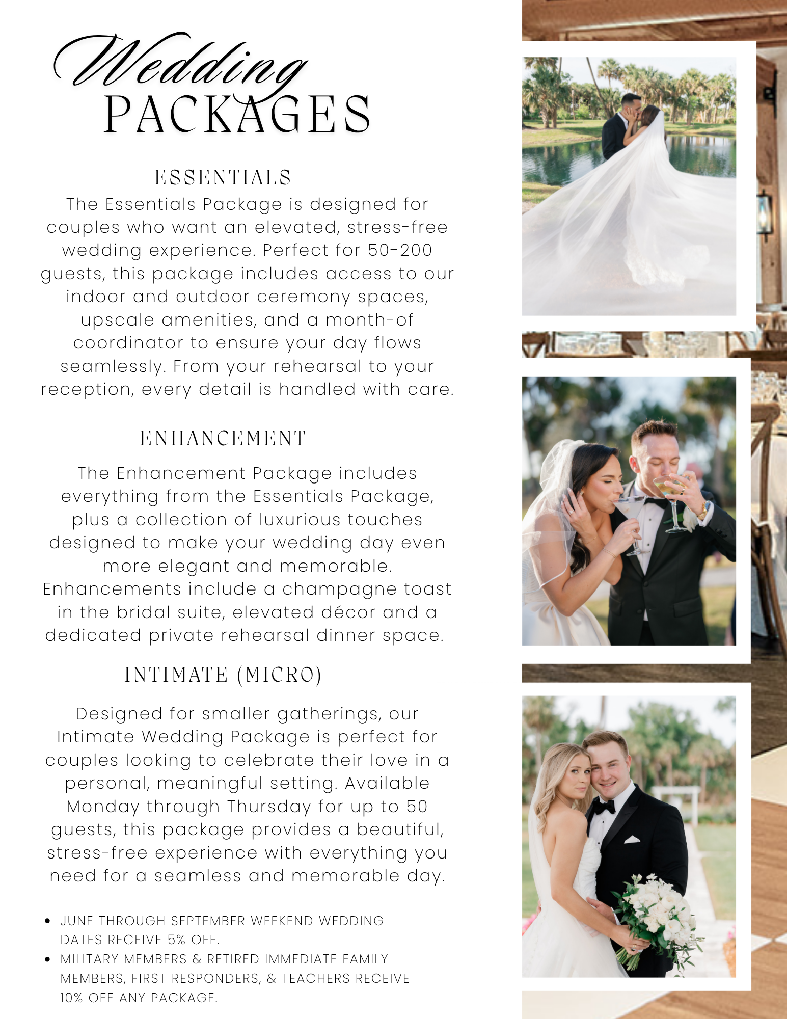 Celebration Grove wedding package details featuring couples celebrating in Vero Beach, Florida, with lakeside wedding photos, champagne toasts, and outdoor ceremony inspiration.