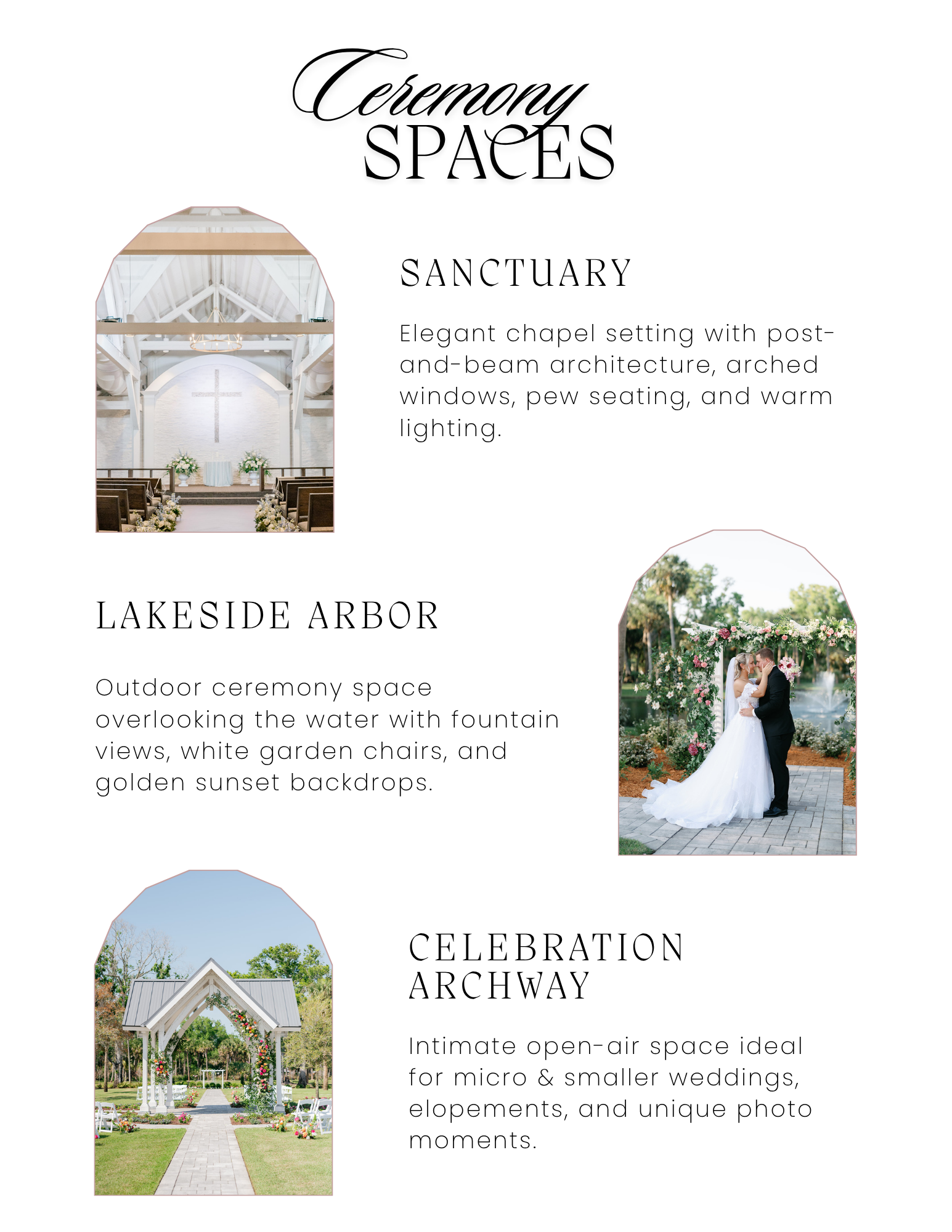 Wedding ceremony spaces at Celebration Grove in Vero Beach, Florida, featuring the Indoor Sanctuary, Lakeside Arbor, and Celebration Archway for elegant indoor and outdoor weddings.