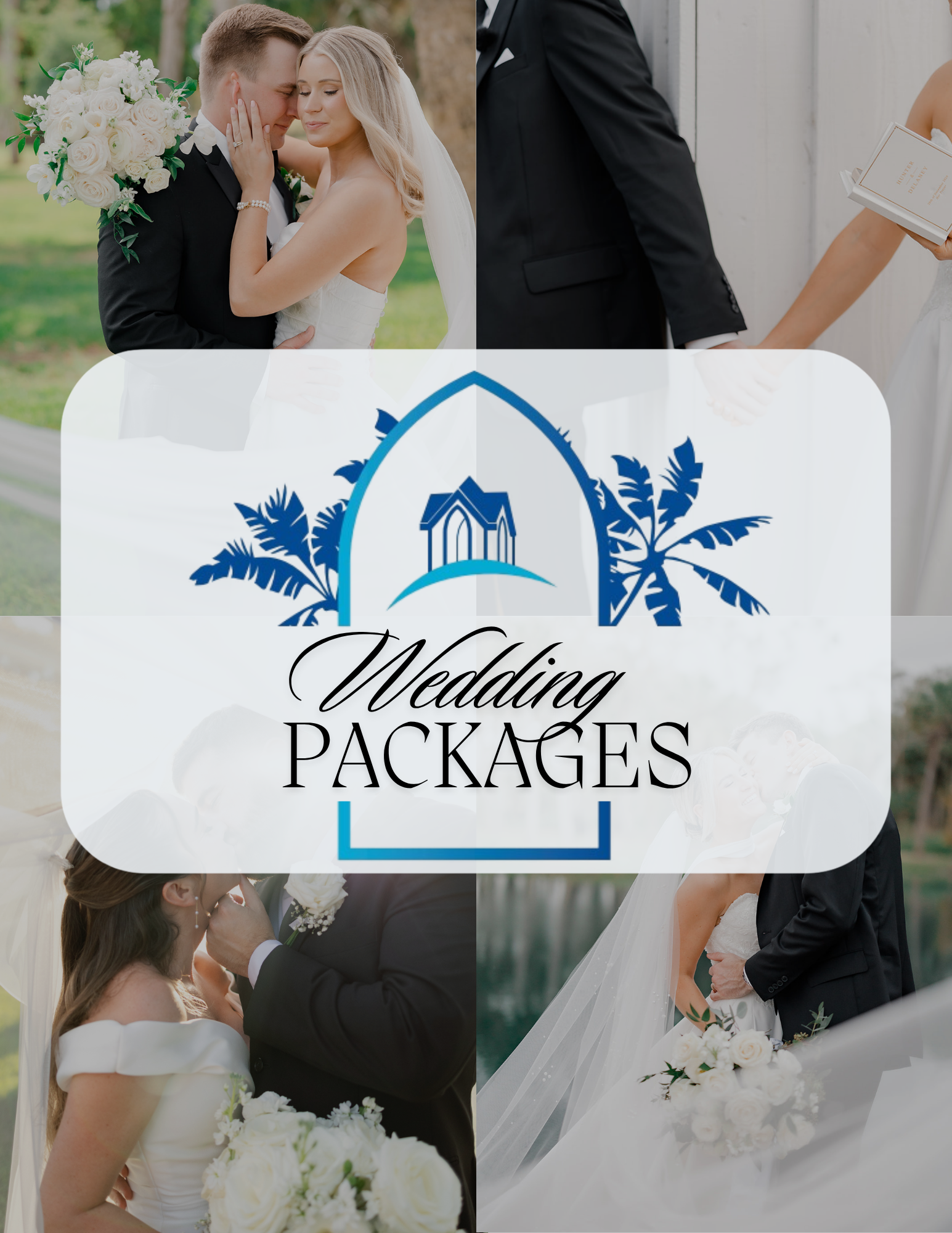 Celebration Grove wedding package advertisement featuring real weddings, elegant ceremony spaces, bridal bouquets, and wedding venue options in Vero Beach, Florida.
