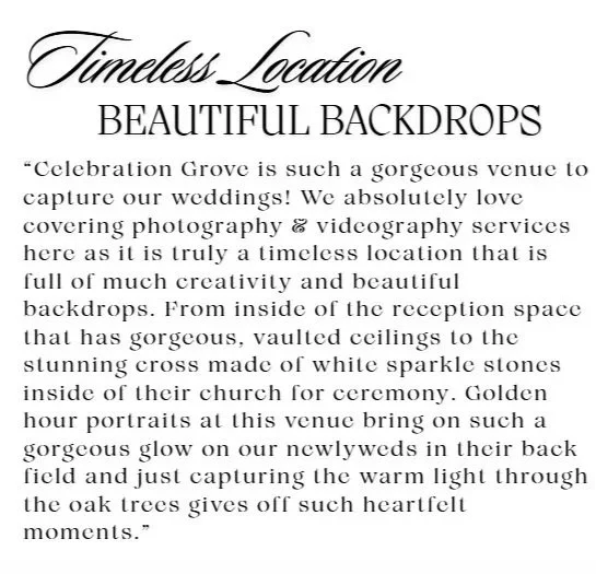 Text about a wedding venue called Celebration Grove, highlighting its beautiful backdrops, vaulted ceilings, white sparkle stone cross, and warm lighting for wedding photography by Lilly Hampton Photography in Vero Beach.