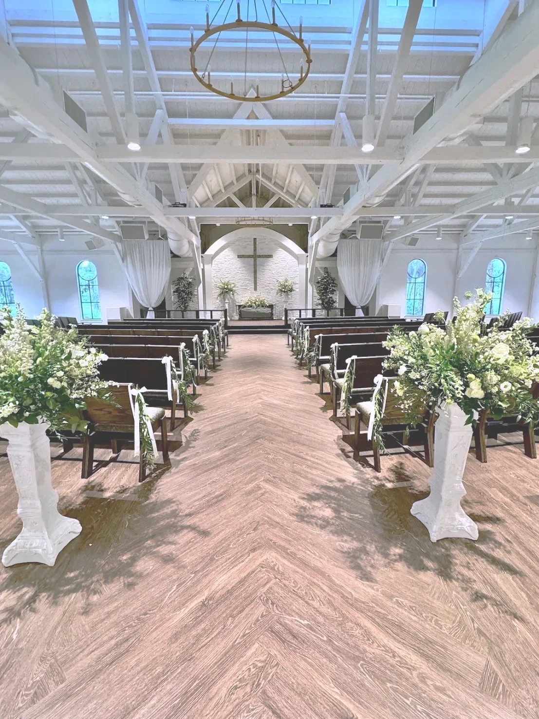Wide view of Celebration Grove’s 6,000 sq. ft. post-and-beam sanctuary chapel in Vero Beach, Florida — a sacred space designed for faith-filled weddings, worship, and sacred celebrations.