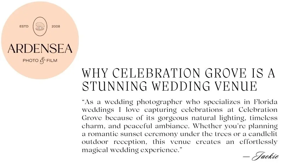 A promotional flyer for Ardensea Photo & Film, a wedding photography service established in 2008, featuring an article on Celebration Grove as a wedding venue, highlighting its natural lighting, charm, and ambiance.