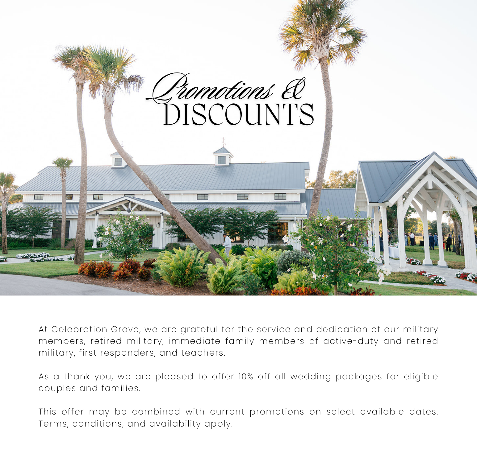 Celebration Grove Wedding Package Promotions and Discounts information sheet with details on ceremony options, planning timelines, venue access, and amenities in Vero Beach, Florida.