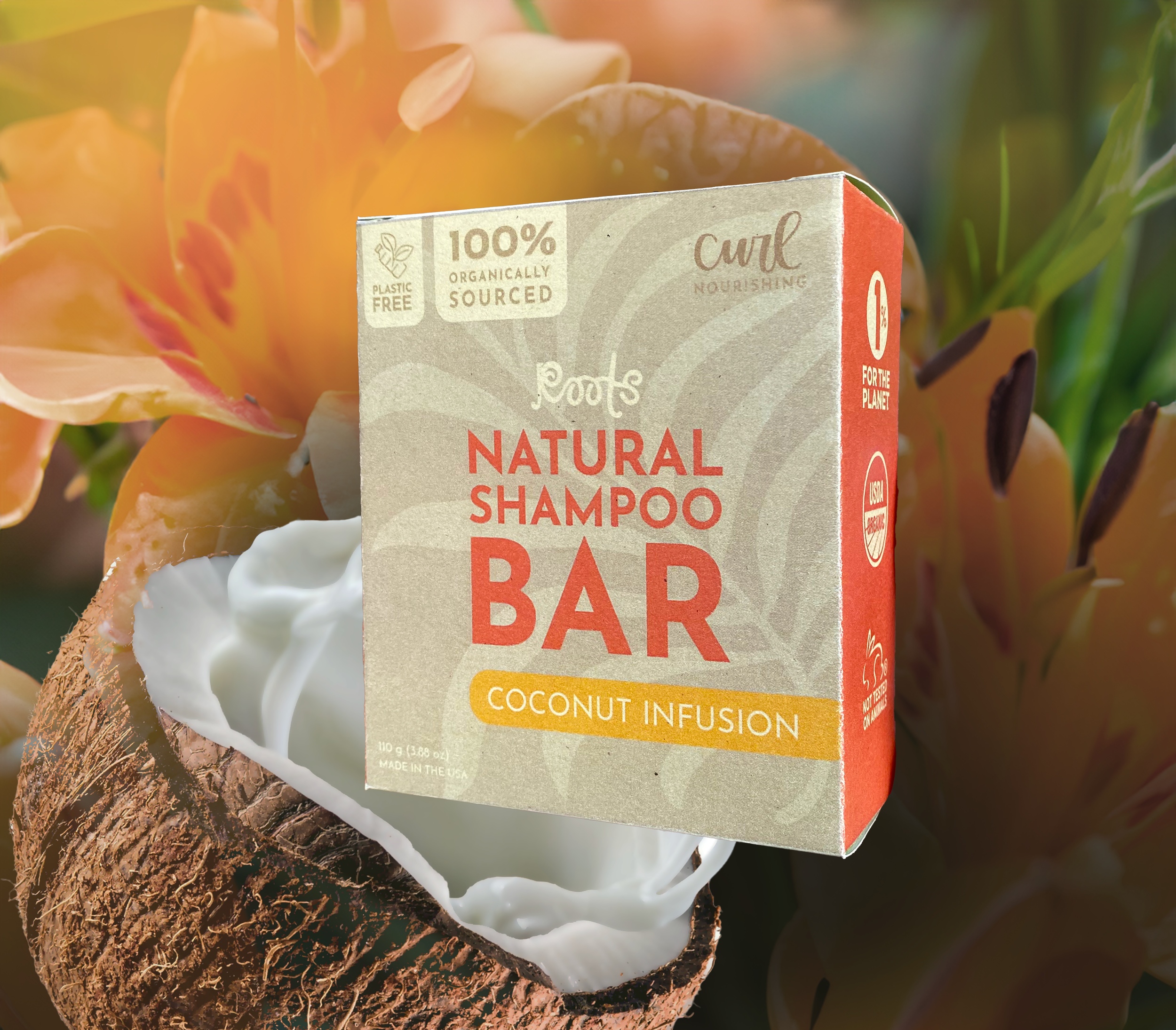 Natural shampoo bar packaging with coconut and flowers, labeled "Roots Natural Shampoo Bar Coconut Infusion," eco-friendly, organic, plastic-free.