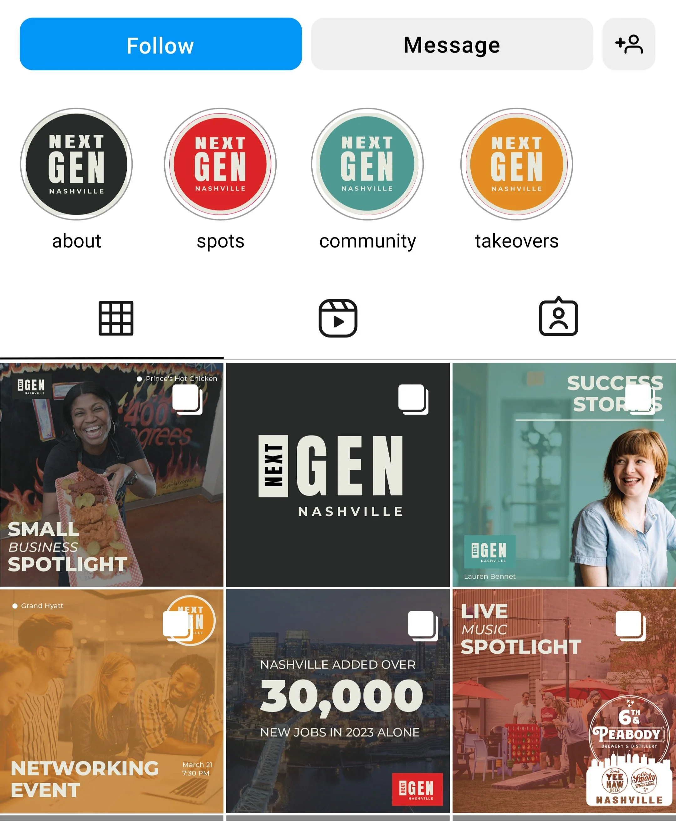 Instagram profile showing "Next Gen Nashville" with story highlights "about," "spots," "community," and "takeovers." Posts include "Small Business Spotlight," "NEXT GEN Nashville," "Success Stories," "Networking Event," job growth in Nashville, and "Live Music Spotlight."