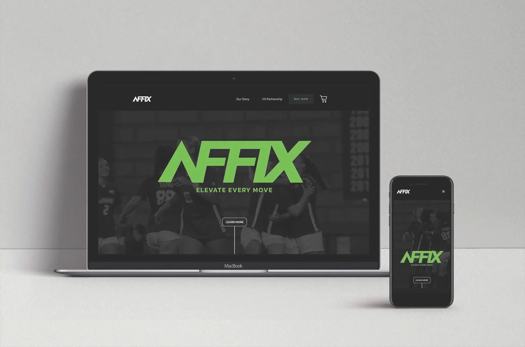 Laptop and smartphone displaying AFIX sports branding with slogan 'Elevate Every Move' in green text.