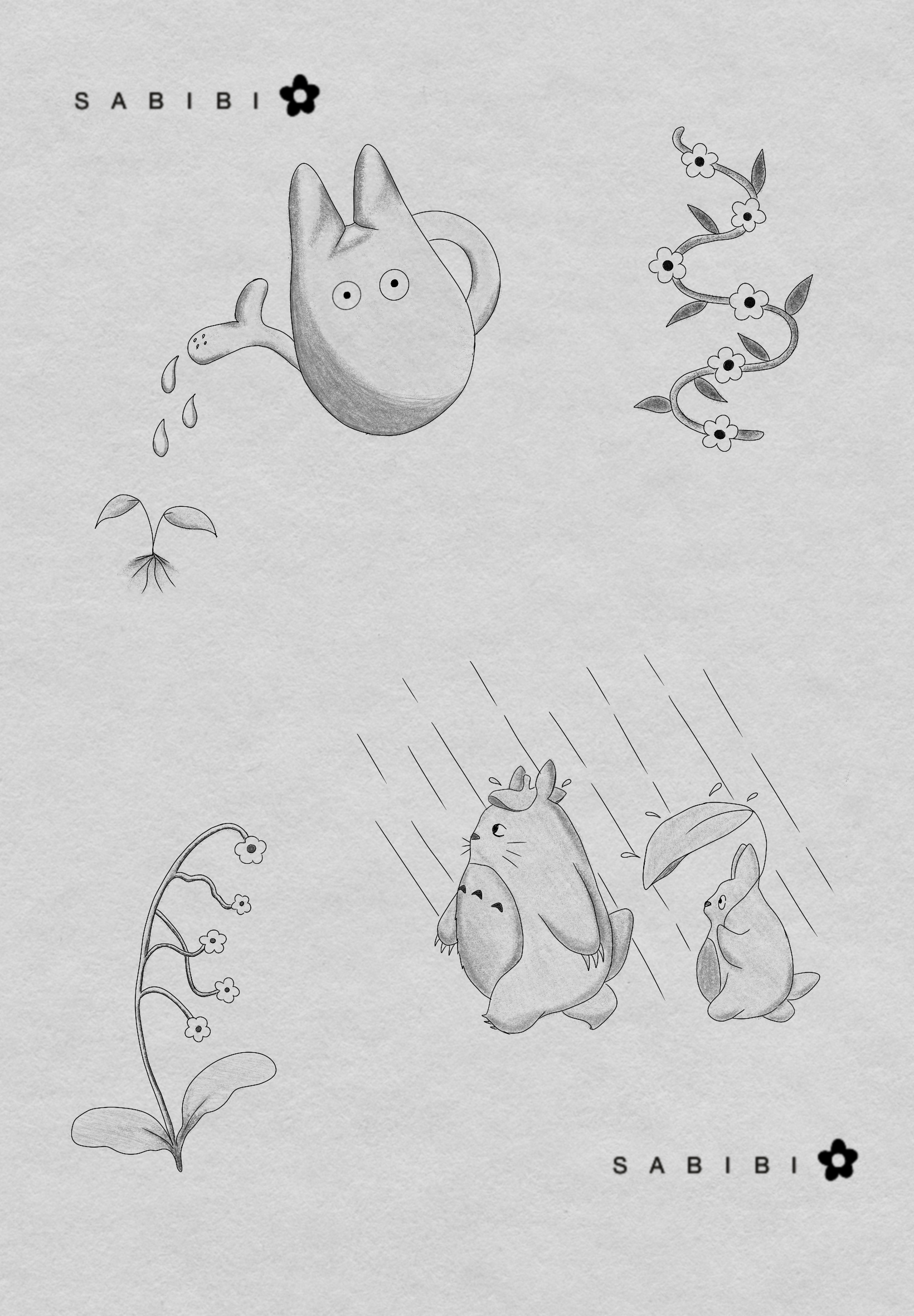 Illustration of whimsical characters and plants, including a watering can with eyes, a flowering vine, and a large creature with an umbrella-like leaf in the rain on a textured background. Text 'SABIBI' is displayed.