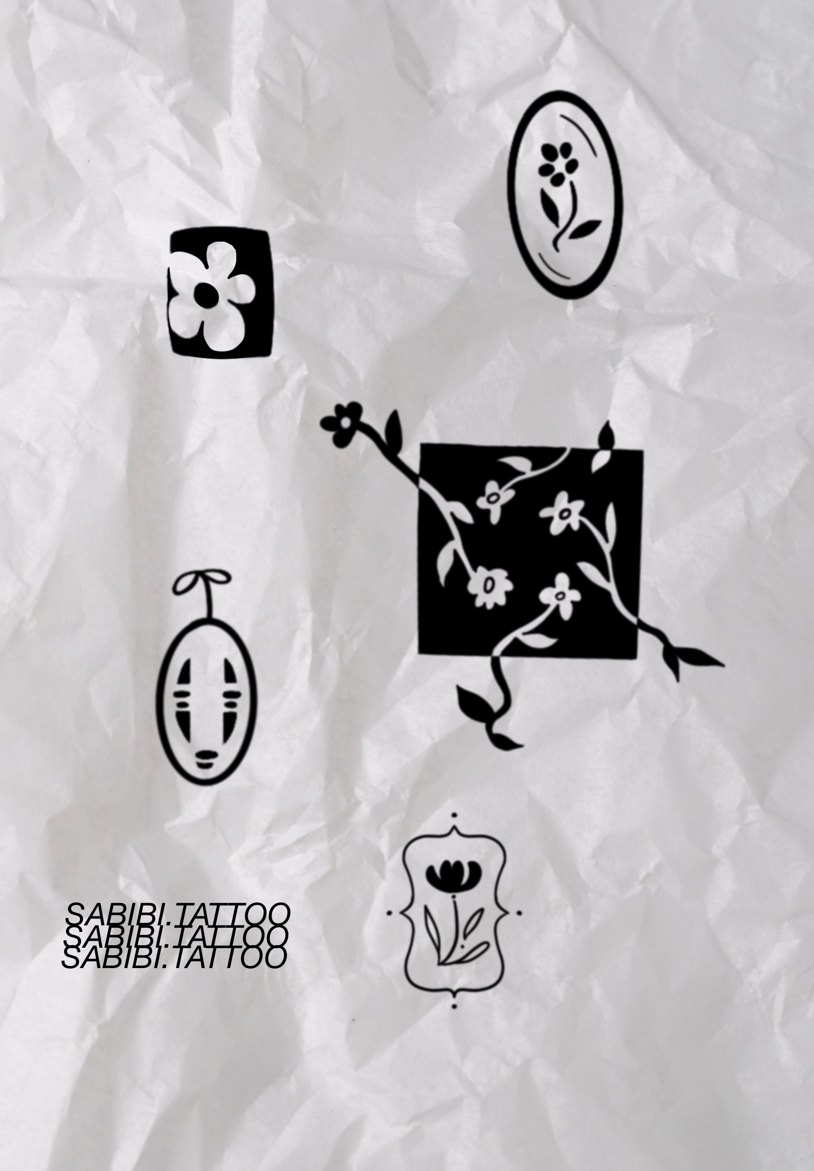 Black and white floral tattoo designs on crumpled paper, including floral patterns and a stylized mask with the text 'SABIBI TATTOO.'