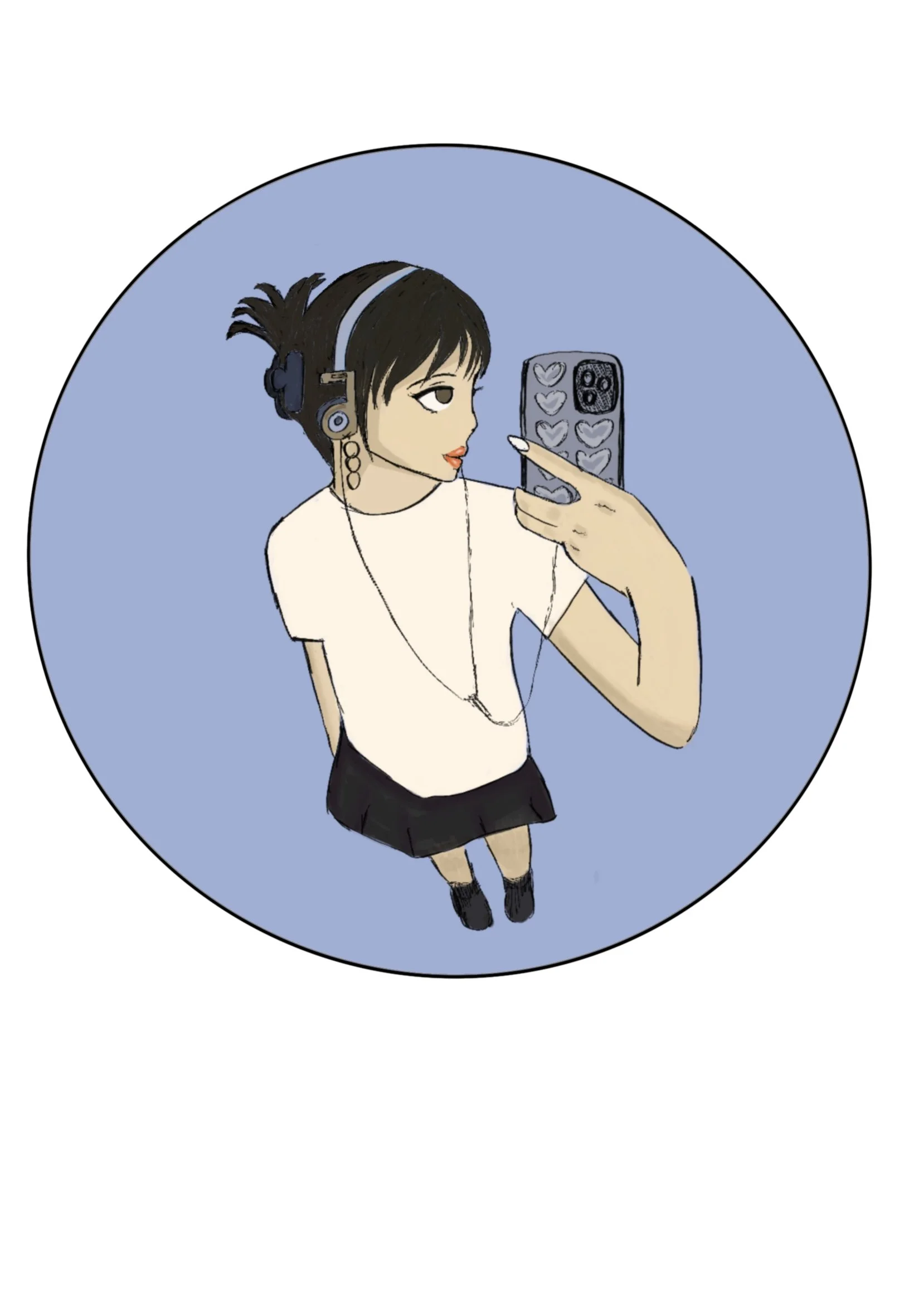 Illustration of a person taking a selfie, wearing headphones and a black skirt, holding a smartphone with heart designs, set against a blue circular background.