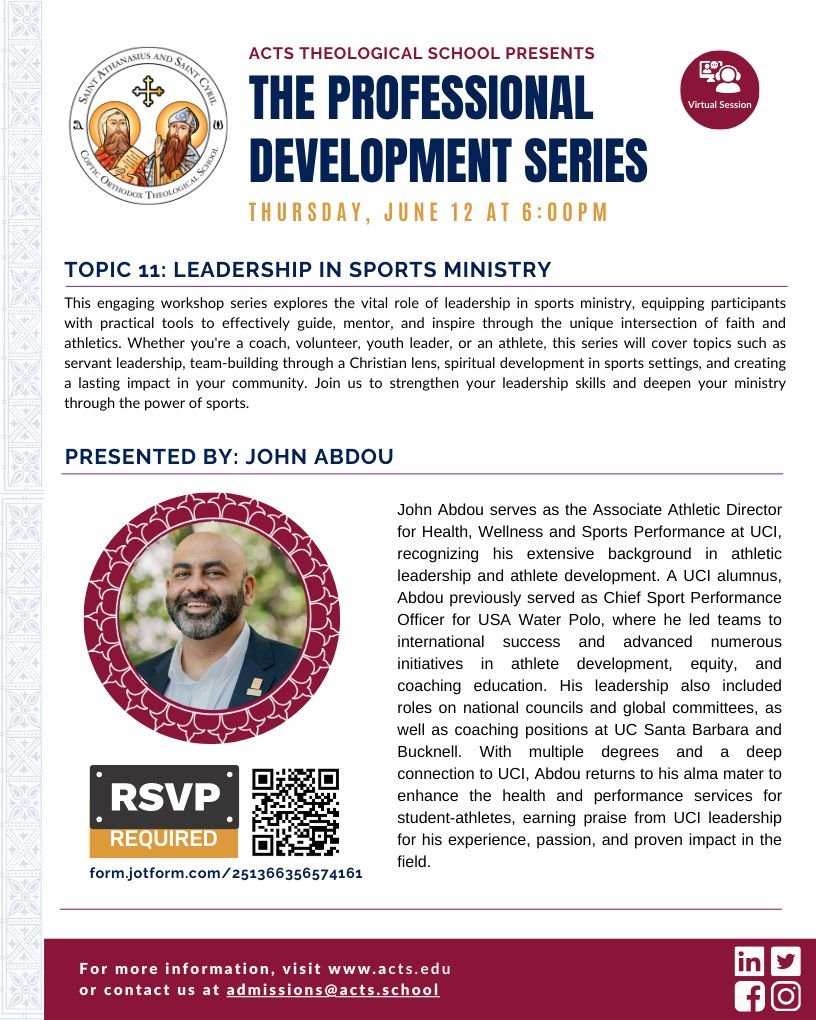**Join Us for the Professional Development Series!**

📅 **Date:** Thursday, June 12, 2025 
🕕 **Time:** 6:00 PM 
📍 **Topic:** Leadership in Sports Ministry 

This engaging workshop series explores the vital role of leadership in sports ministry, eq