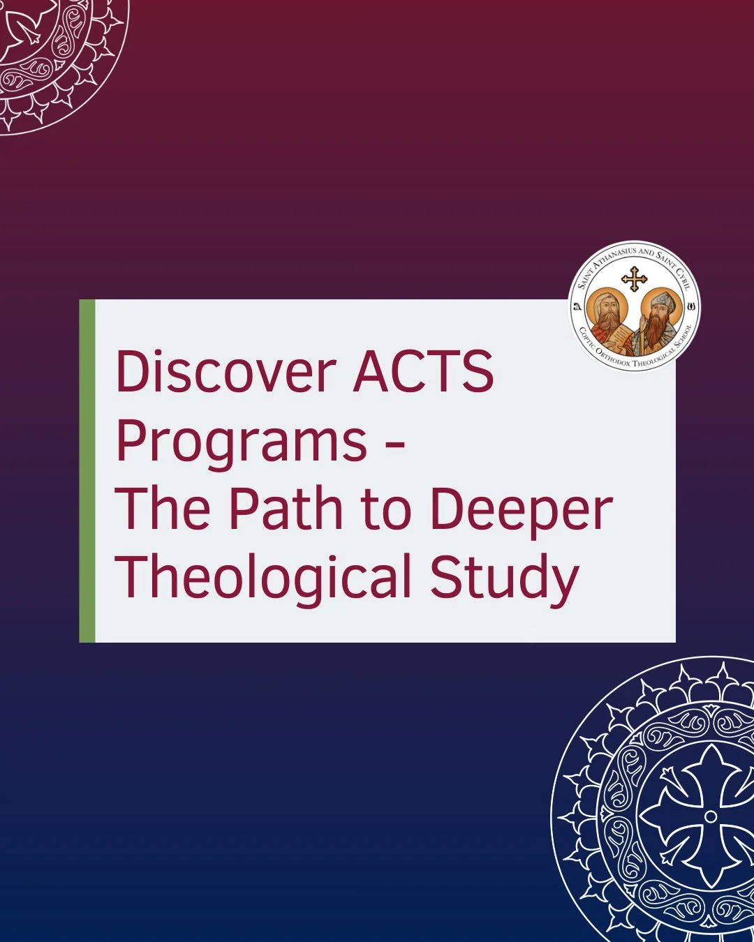 ACTS Theological School offers diverse programs tailored for scholars, church leaders, and lifelong learners. 
✅ Master of Theological Studies (MTS) 
✅ Orthodox Christian Studies (OCS) Certificate 
✅ Early Christian Studies (ECS) Certificate 
✅ Maste