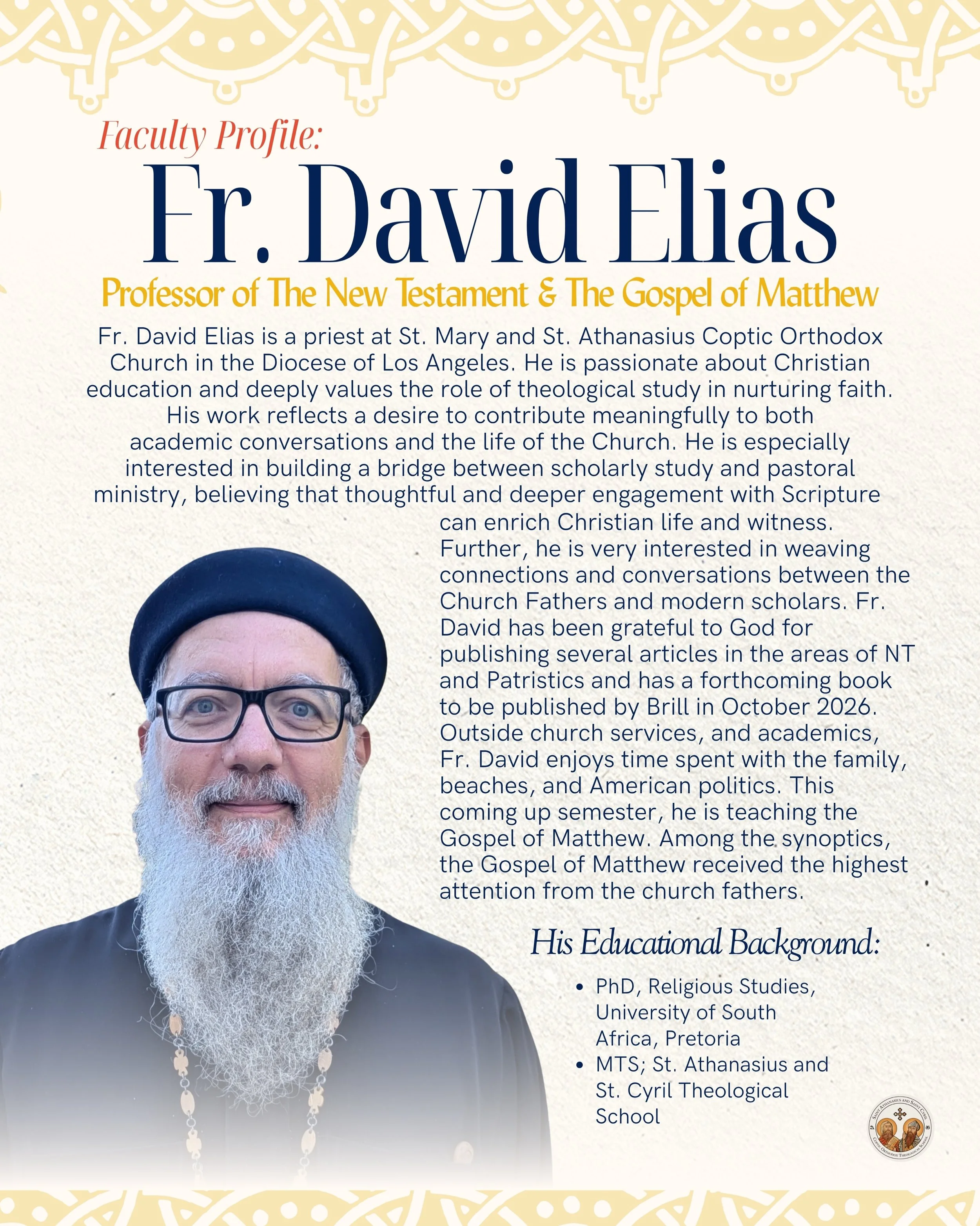 Meet Fr. David Elias, Professor of The New Testament and The Gospel of Matthew at ACTS.

Fr. David brings together years of pastoral ministry, academic scholarship, and professional experience to help students encounter the New Testament with both in