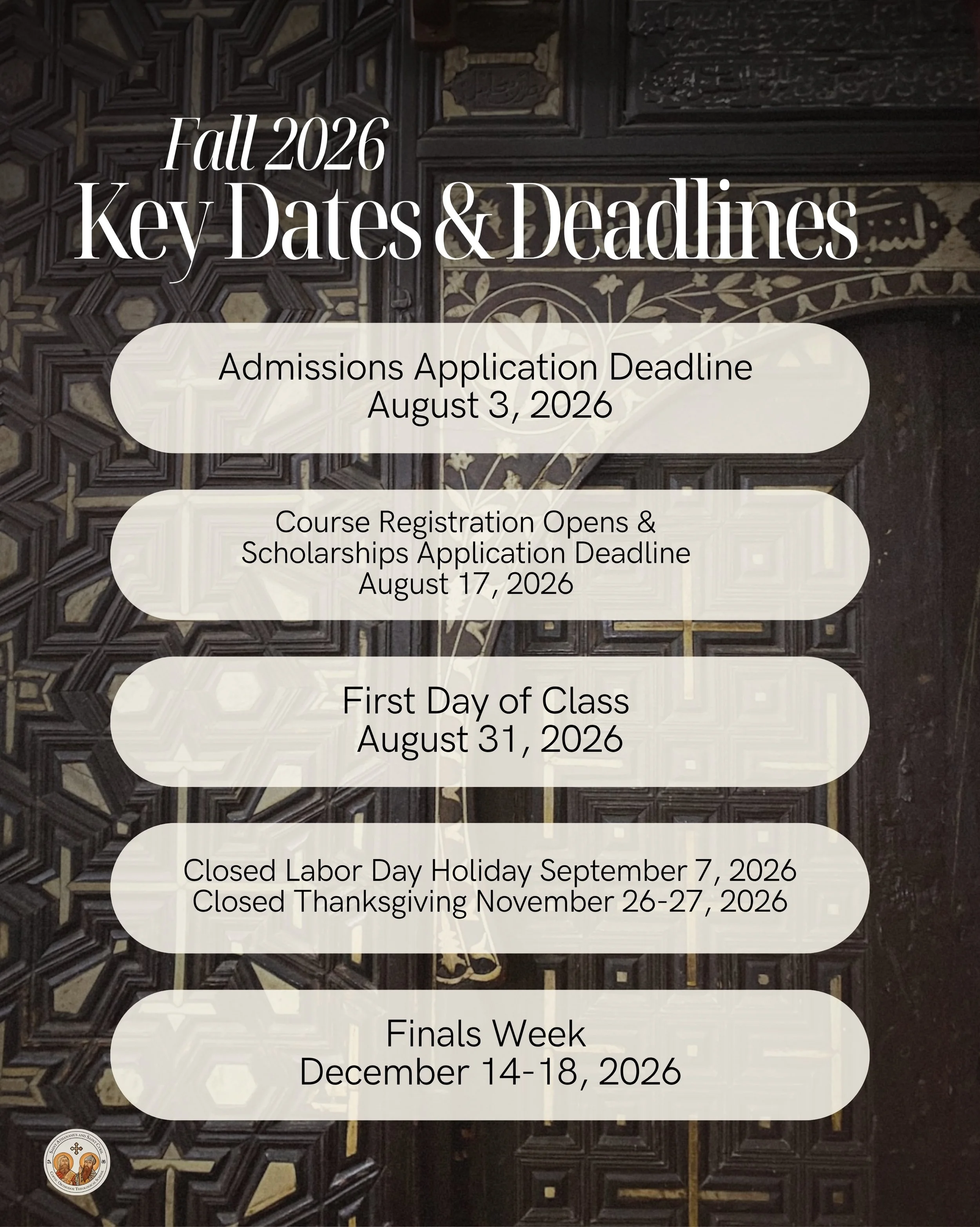 Our Fall 2026 Semester is just around the corner!

Whether you&rsquo;re beginning your theological journey or continuing your studies, now is the time to mark your calendar and prepare for the semester ahead.

Important Fall 2026 Dates:
📅 August 3 &