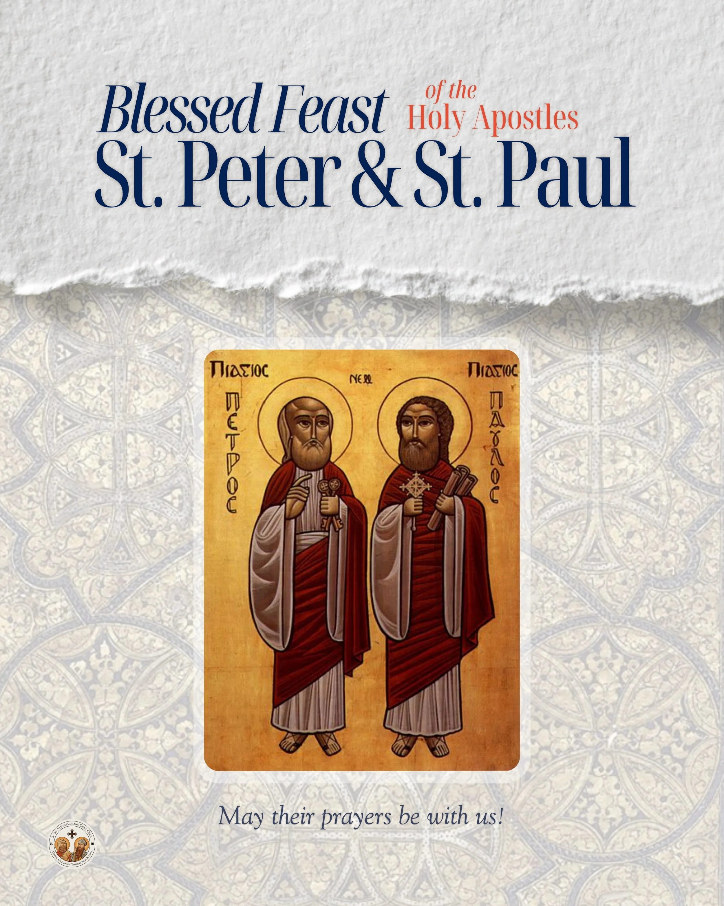 Today, we joyfully celebrate the Feast of the Holy Apostles, St. Peter and St. Paul. Their faithful witness, preaching, and sacrifice helped establish and strengthen the early Church.

May their steadfast faith, bold proclamation of the Gospel, and u