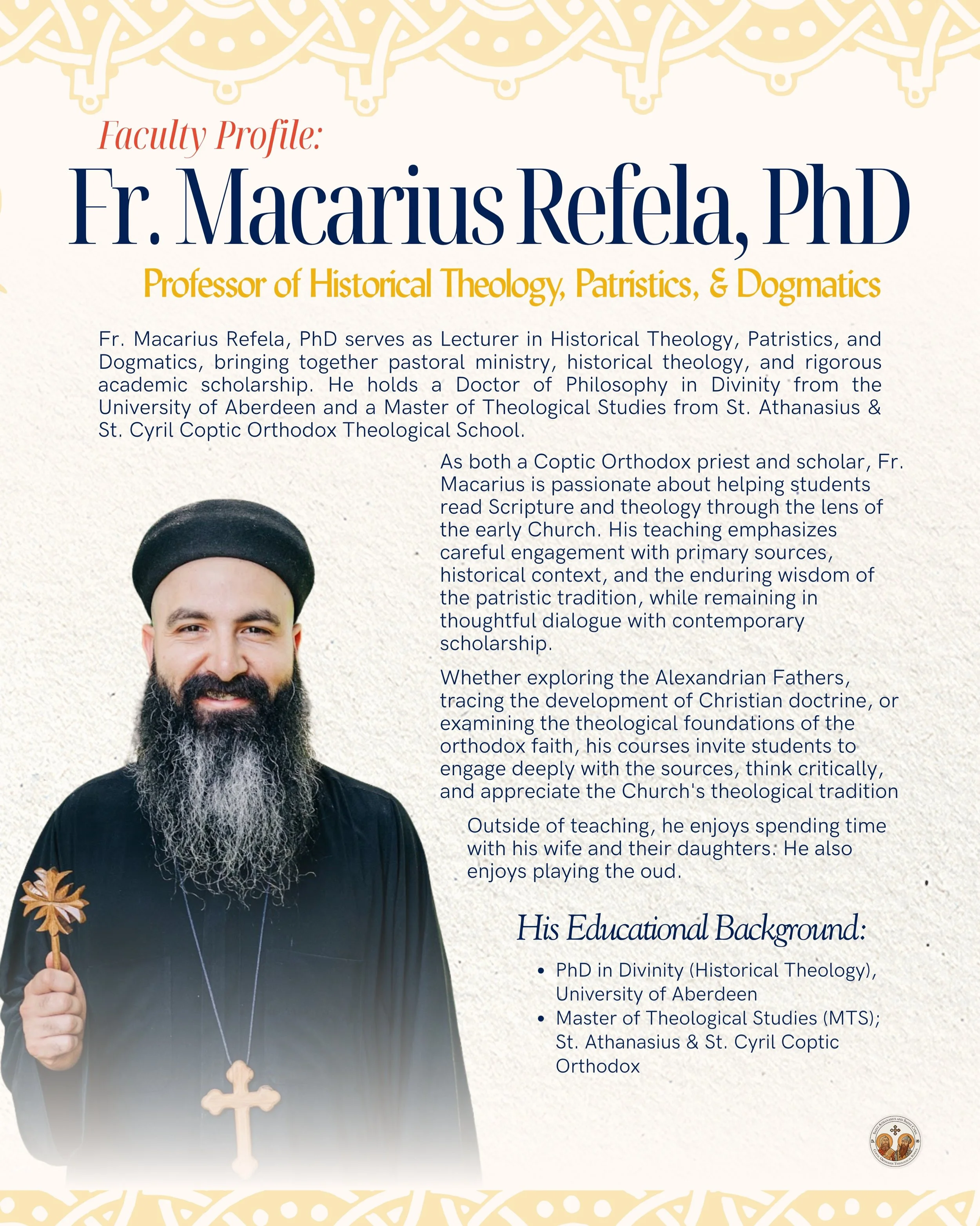 Faculty Spotlight: Fr. Macarius Refela, PhD

Fr. Macarius Refela, PhD serves as Lecturer in Historical Theology, Patristics, and Dogmatics, bringing together pastoral ministry, historical theology, and rigorous academic scholarship. He holds a Doctor
