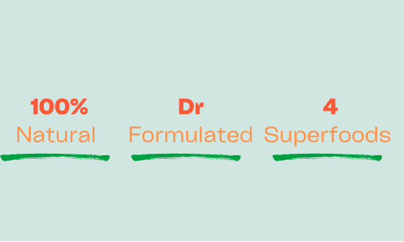 Label reading '100% Natural', 'Dr', 'Formulated Superfoods' with green underline beneath each phrase.