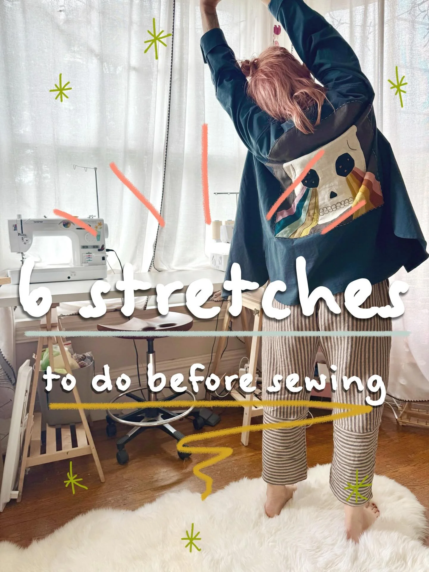 How I prepare my body for a day of sewing: 
- Wake up the system and shift my energy with some shaking, jumping, dancing
- Cactus hugs to invite in deep breaths and stretch out my shoulders and upper back
- Spinal waves (cat/cows) to ease spinal tens