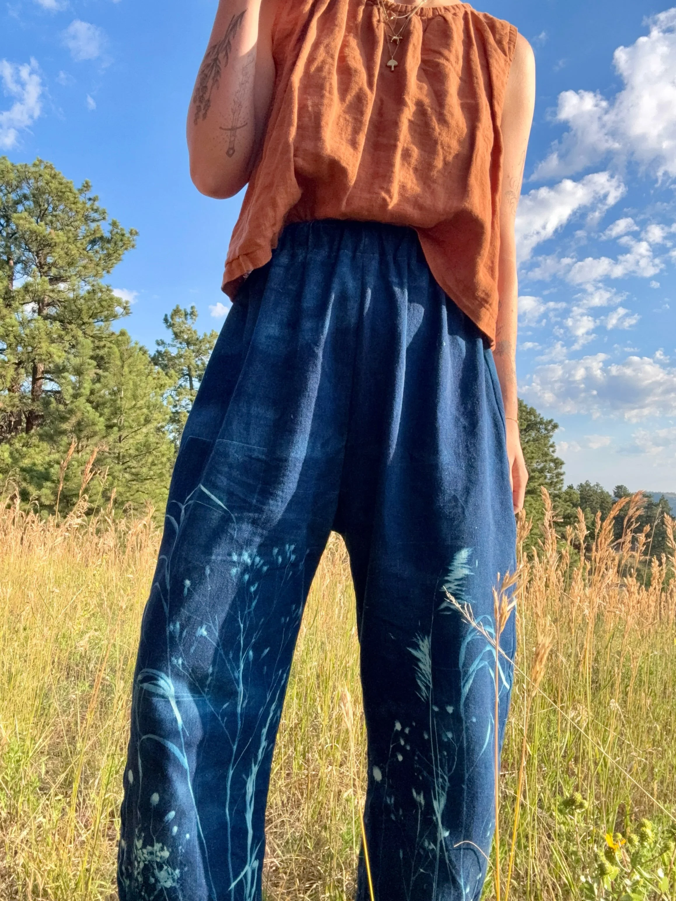 It would not be a trip to Colorado to visit my parents if we didn&rsquo;t do some kind of art project. This time it was cyanotype dance pants!

Are they perfect? No! Is that the point? No! Do I love them? YES

Printed using jacquard cyanotype chemica