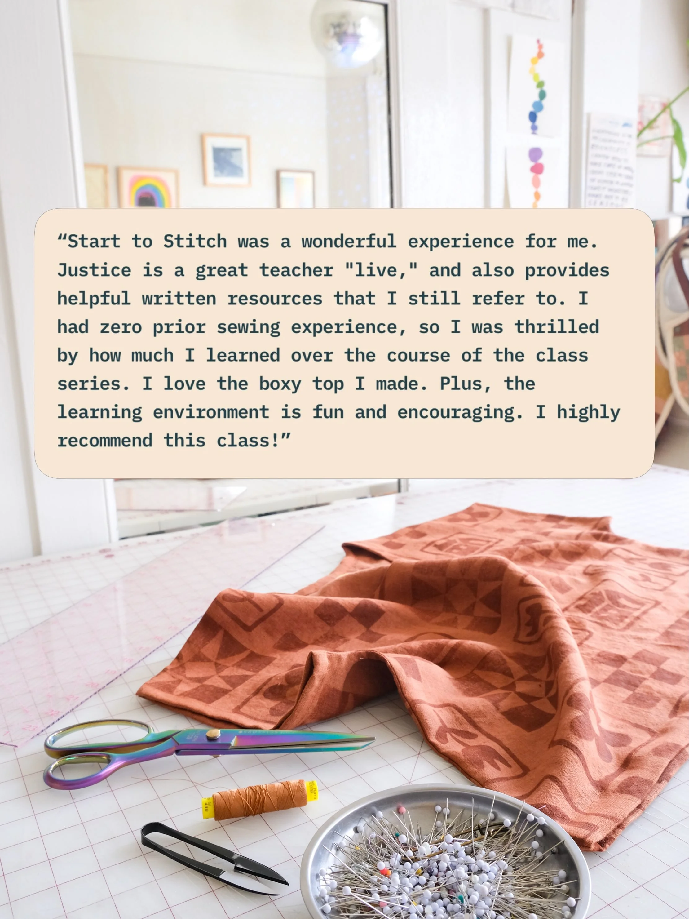 Nostalgic for back to school season? Itching to learn a new skill? Want to give a big ol&rsquo; middle finger to AI by making things with your own two hands? 

Then this class is for you!

Start to Stitch: Intro to sewing class starts in two weeks!


