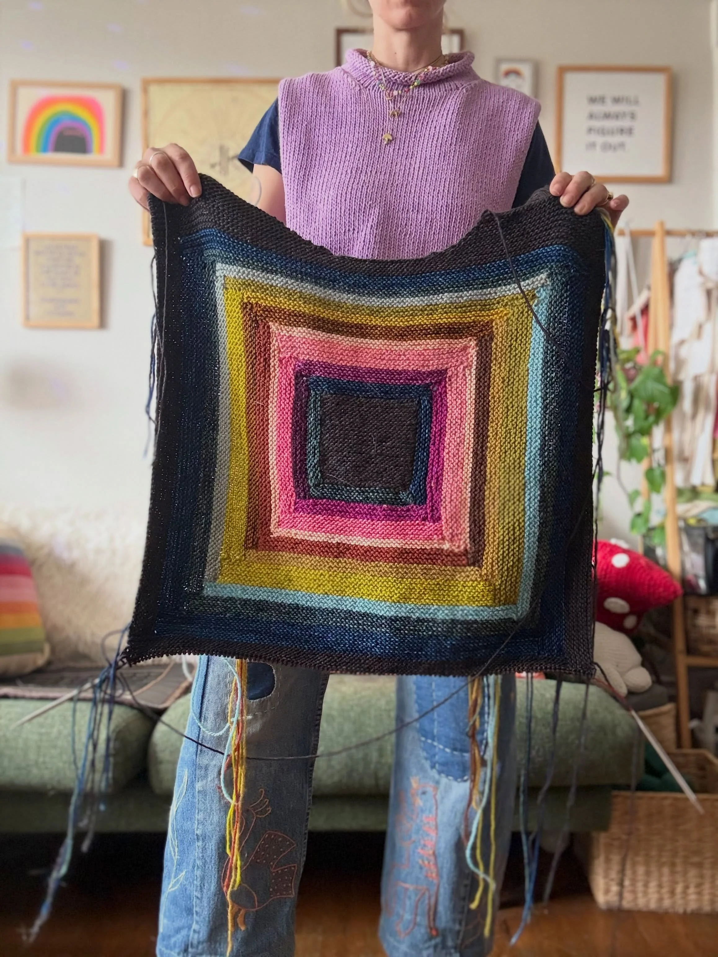 Some recent WIPs including:

Exploring intuitive knitting with @me_and_simone&rsquo;s log cabin guide, making art that reminds me of the feeling of being in my mom&rsquo;s studio, playing with flowers, deep diving into scrappy patchwork with the amaz