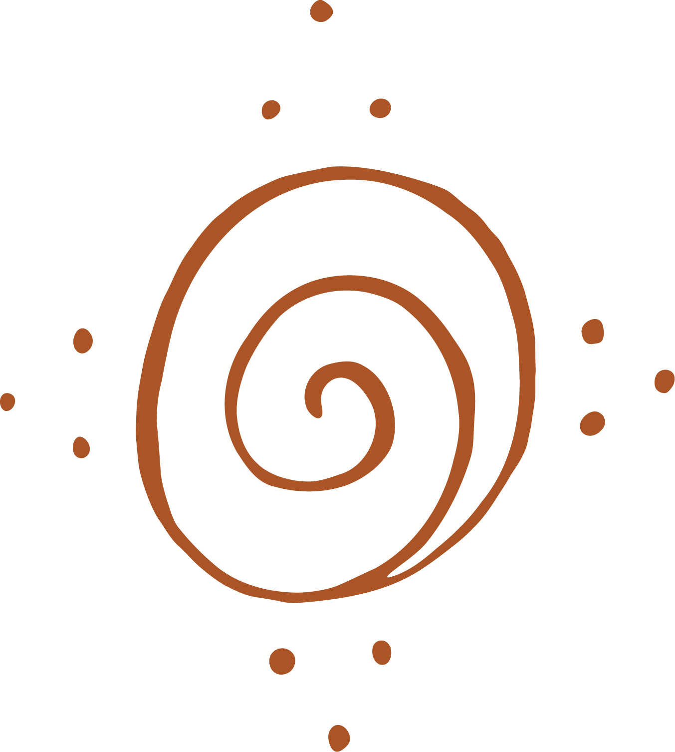 Brown spiral with dots around it on a black background.