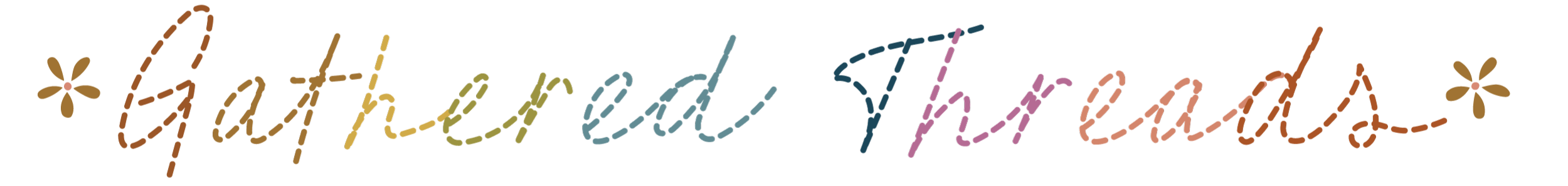 Colorful text that says 'Gathered Threads' with small decorative flowers on either side.