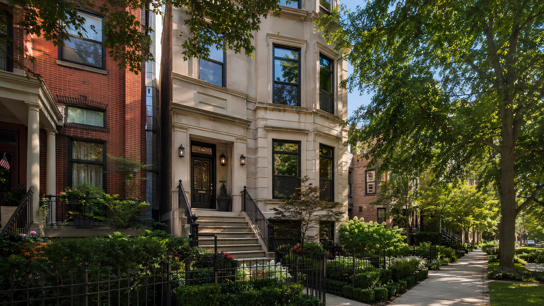 A beautifully renovated Lincoln Park greystone townhome exterior in late afternoon light, with manicured landscaping and a private entrance, conveying neighborhood prestige.