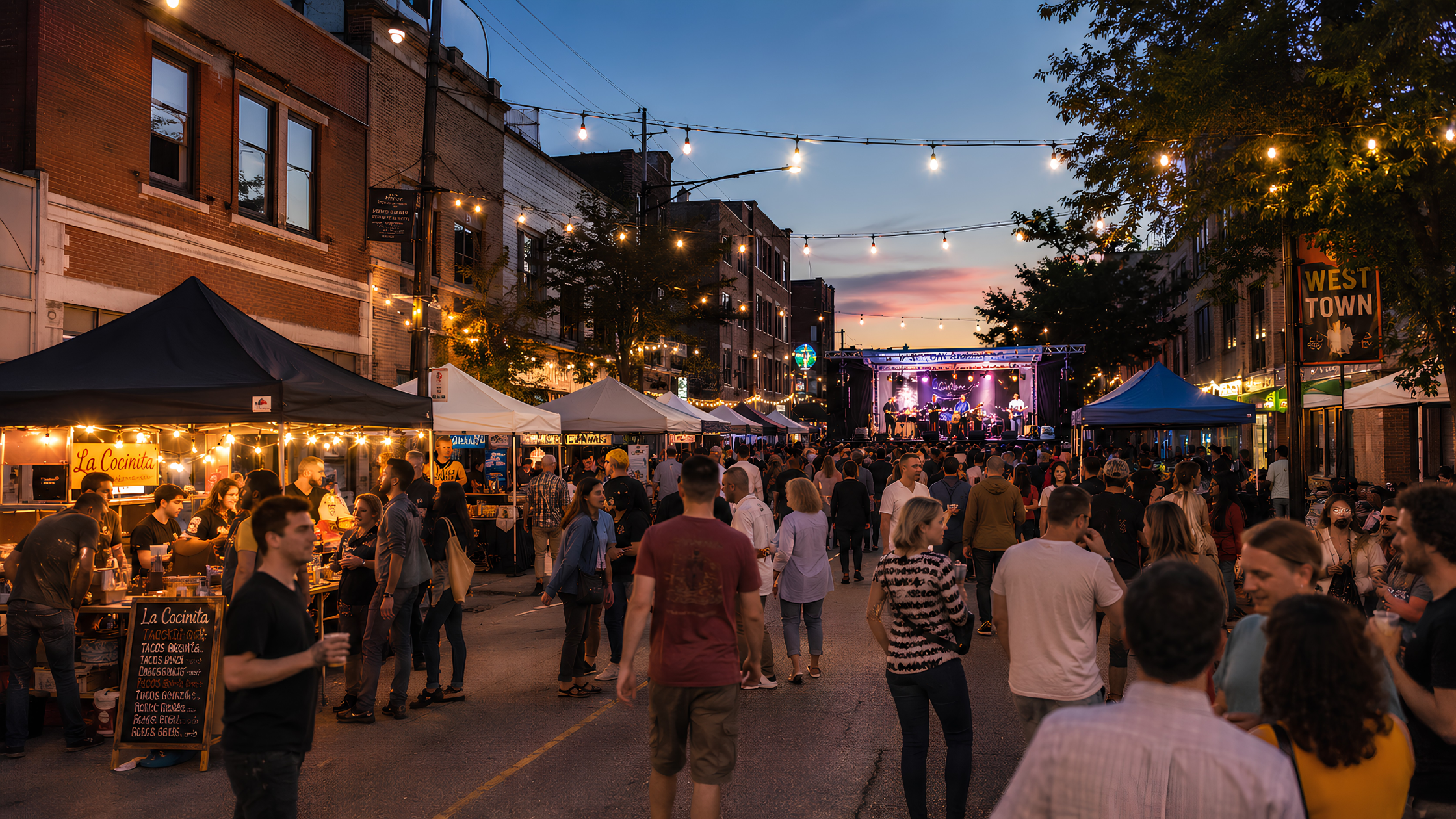 A street-level shot of a Chicago neighborhood festival with food vendors, string lights, and a live band on a small stage captures the energy of a midsummer weekend perfectly.