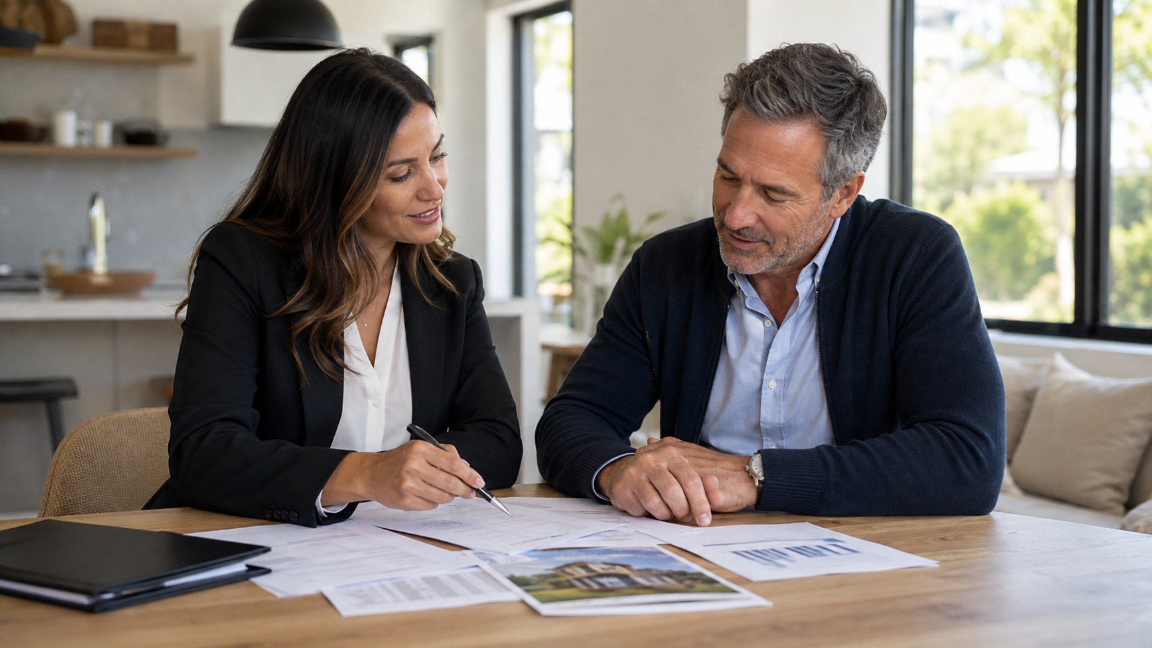 A real estate agent and homeowner sitting at a table reviewing disclosure documents together, illustrating the permit disclosure conversation during a home sale.