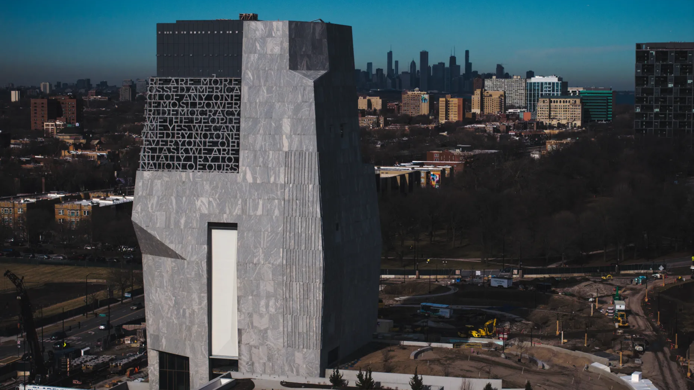 Work continues on the Obama Presidential Center on Jan. 13, 2026, in Chicago.