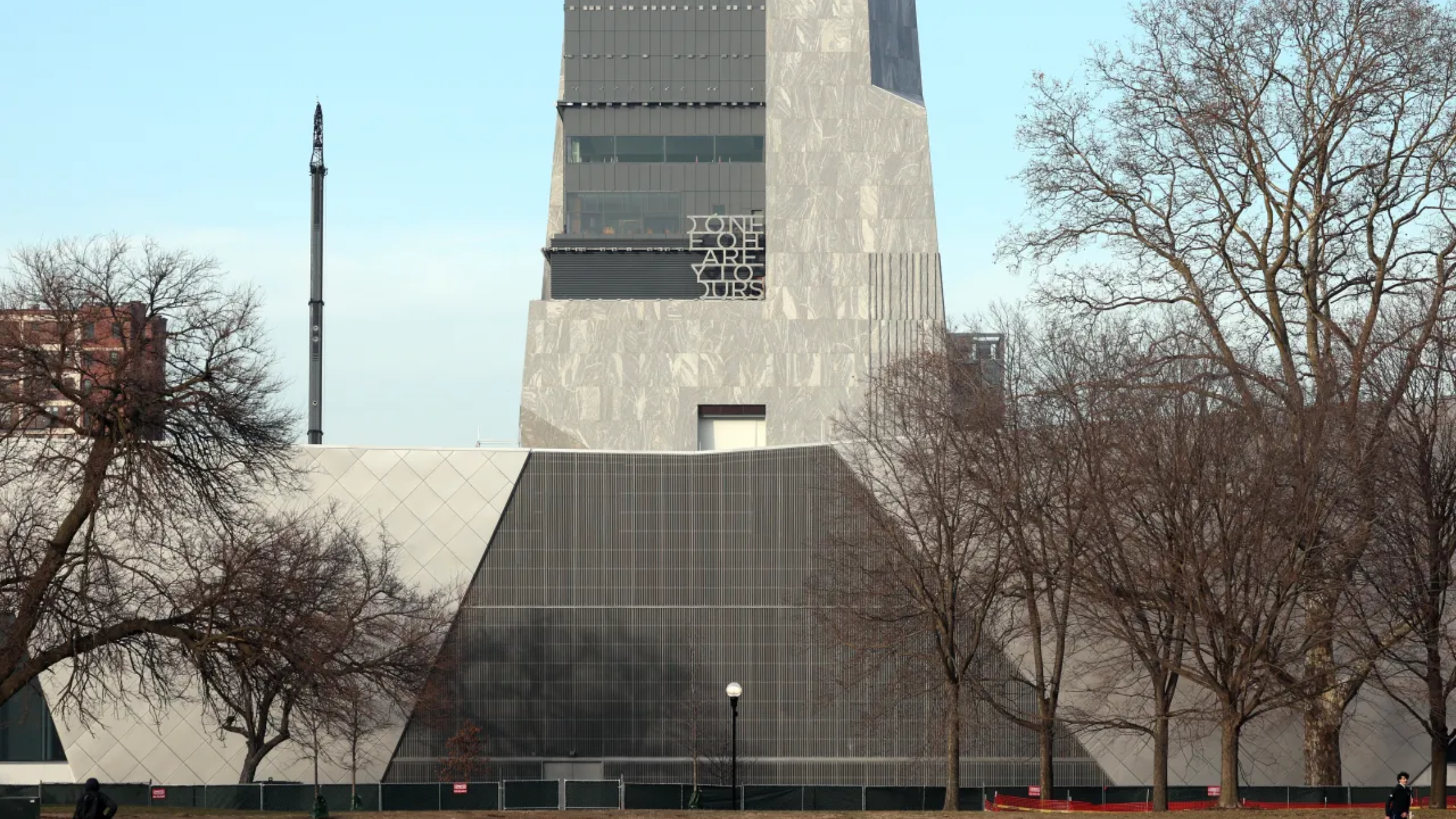 Installation of 5-foot-tall concrete letters from President Barack Obama’s “You Are America” speech has begun at the Obama Presidential Center in Chicago on Dec. 23, 2025.