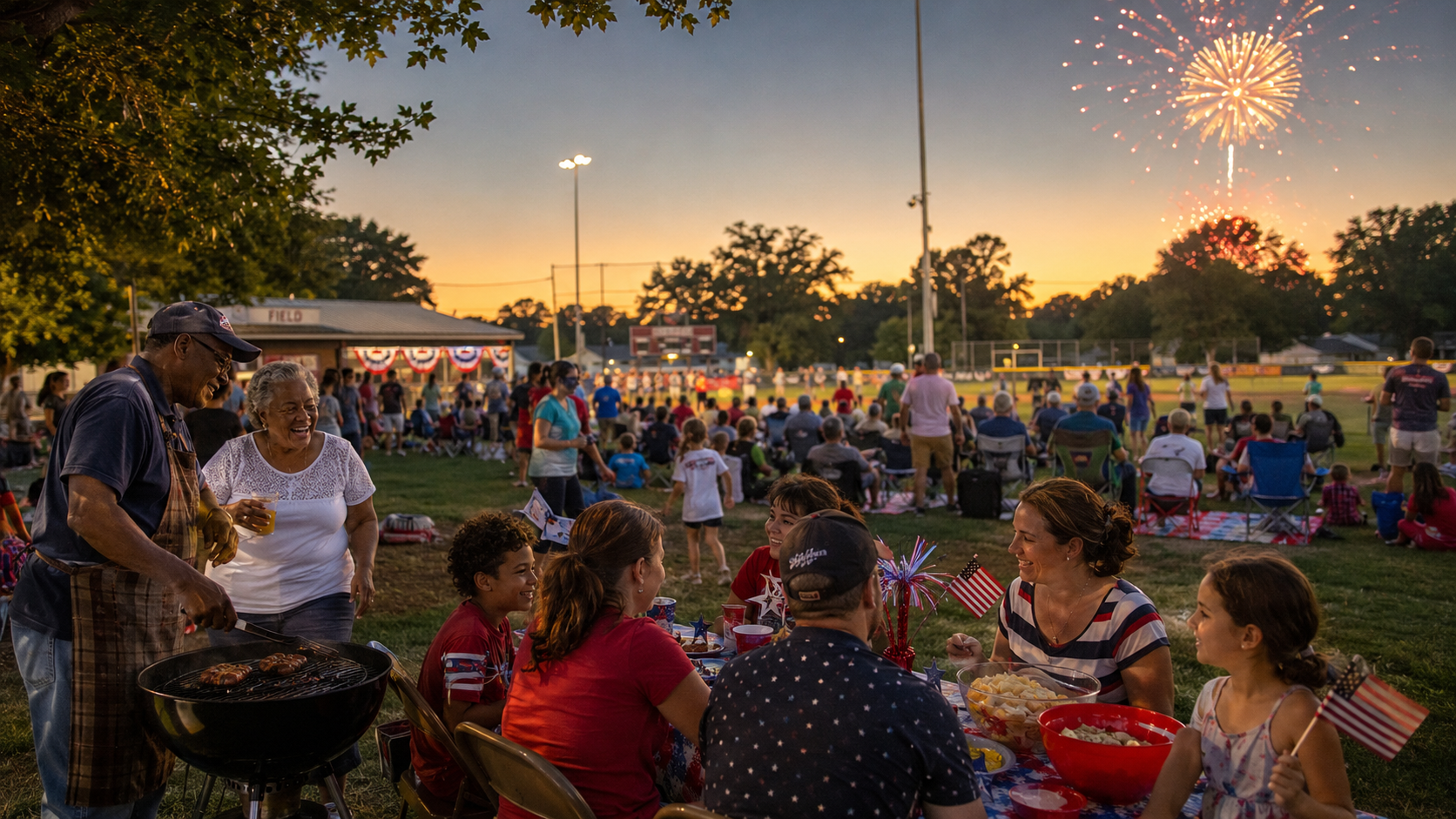 Community picnic celebration at sunset