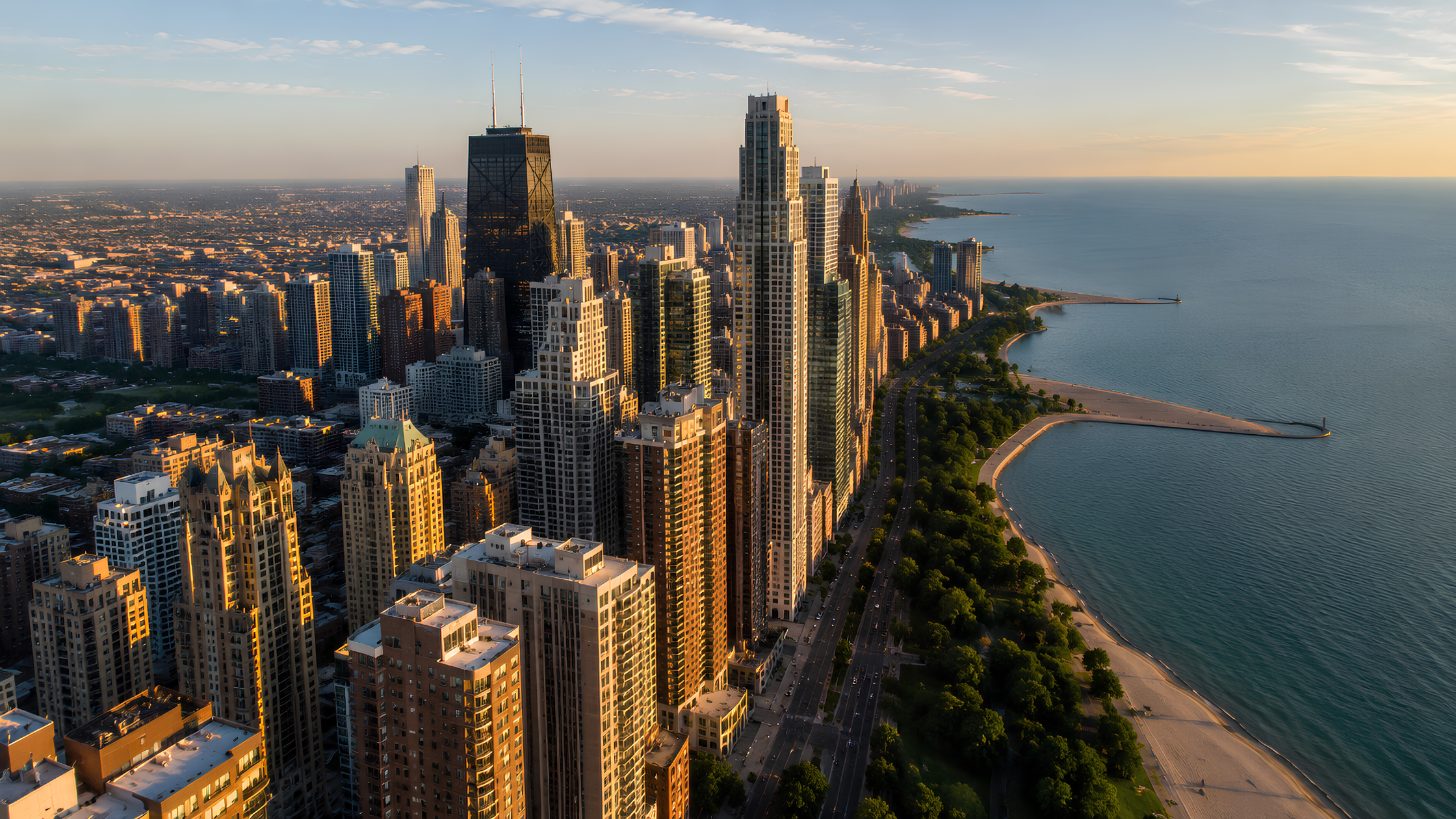 An aerial view of the Gold Coast neighborhood with Lake Shore Drive and Lake Michigan visible, showing the density of luxury high-rises and the proximity to the waterfront.