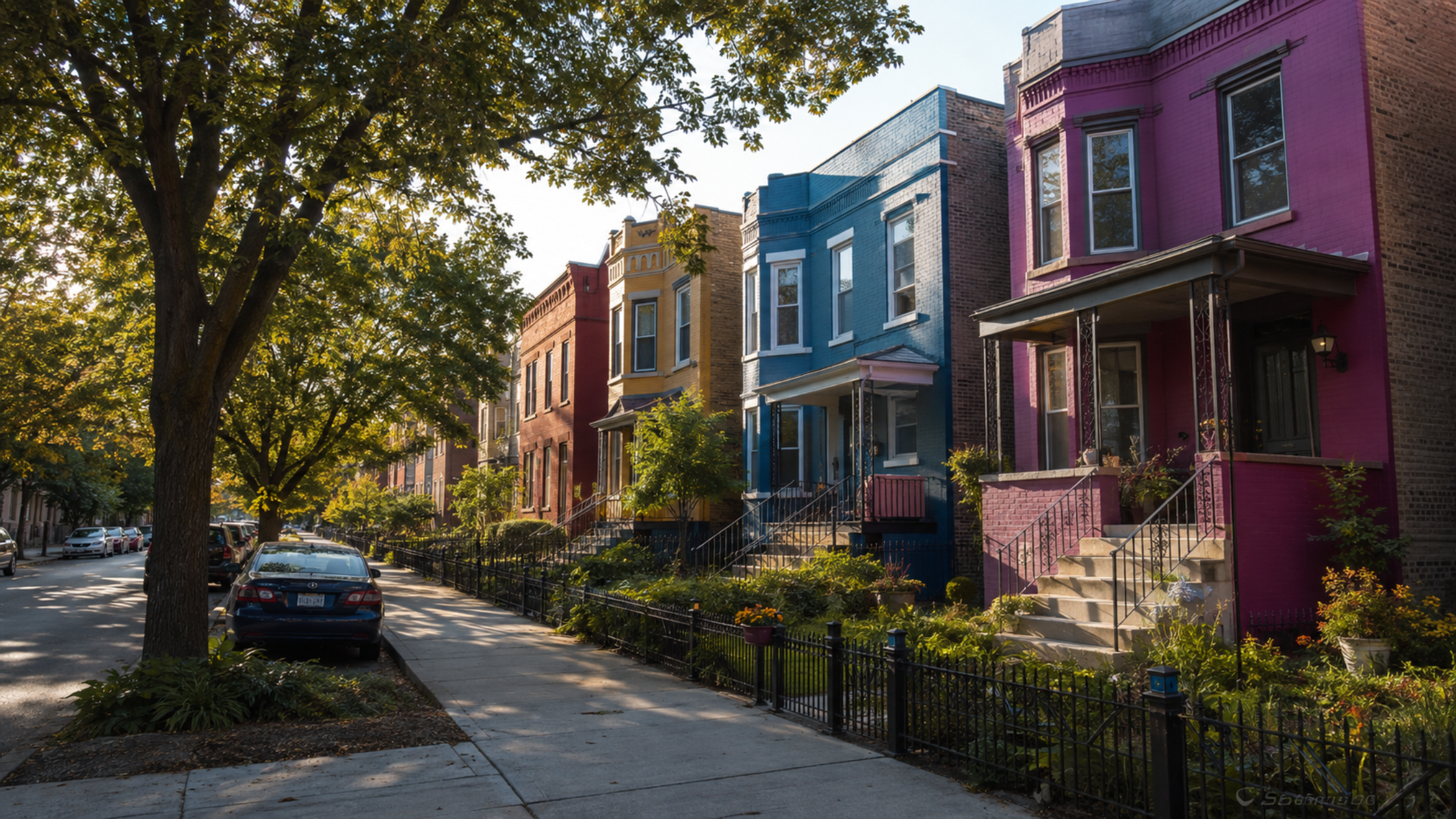 A streetscape photograph of the Pilsen or Bridgeport neighborhood showing colorful brick bungalows and two-flats with a community feel.