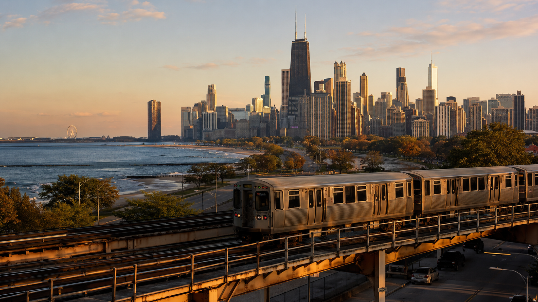 A wide shot of the Chicago skyline from the lakefront, with the L train visible in the foreground, representing the city's urban density and transit infrastructure.