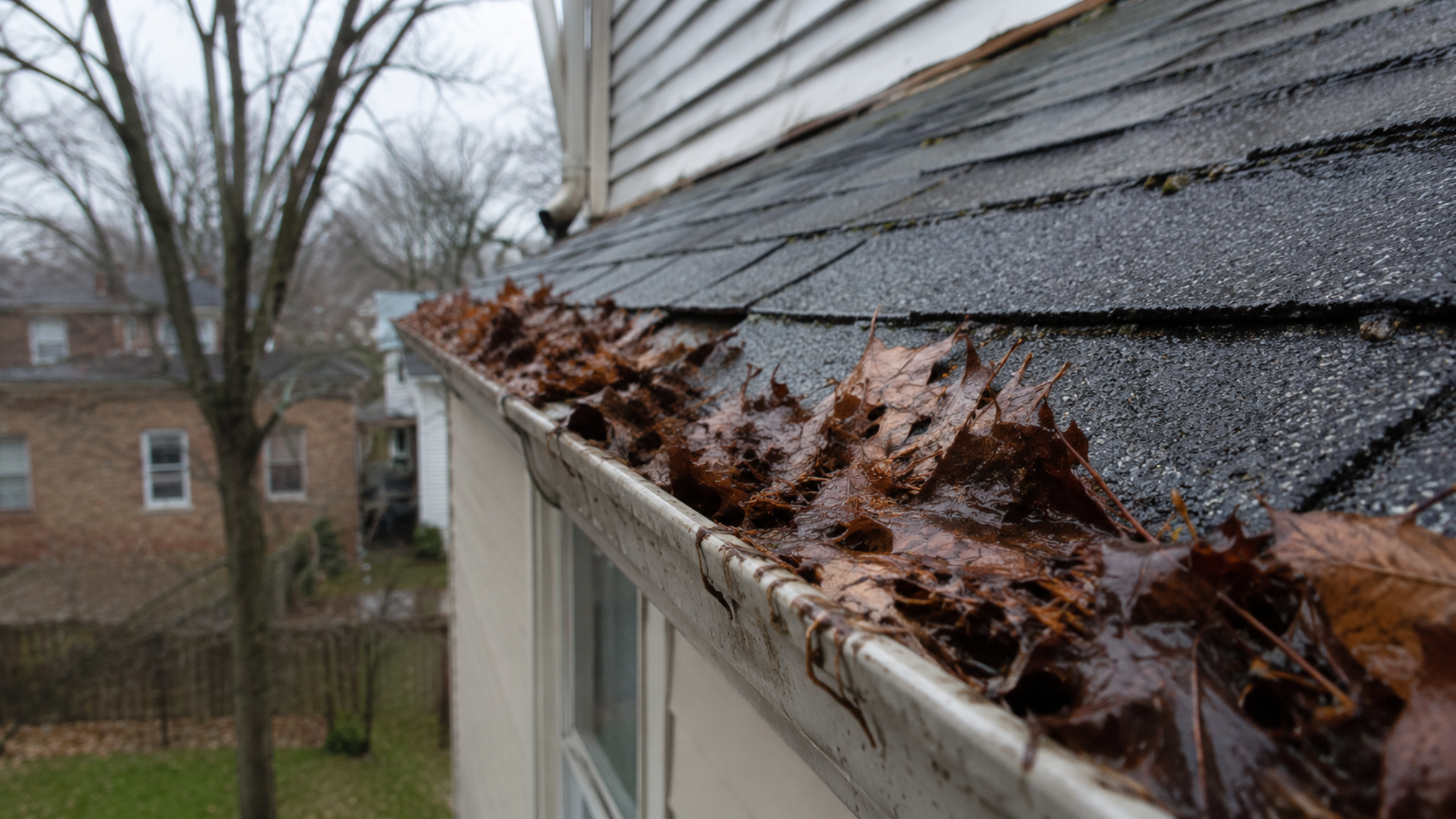 A close-up of a clogged gutter filled with wet leaves and debris on a Chicago home, with a downspout visible to one side.