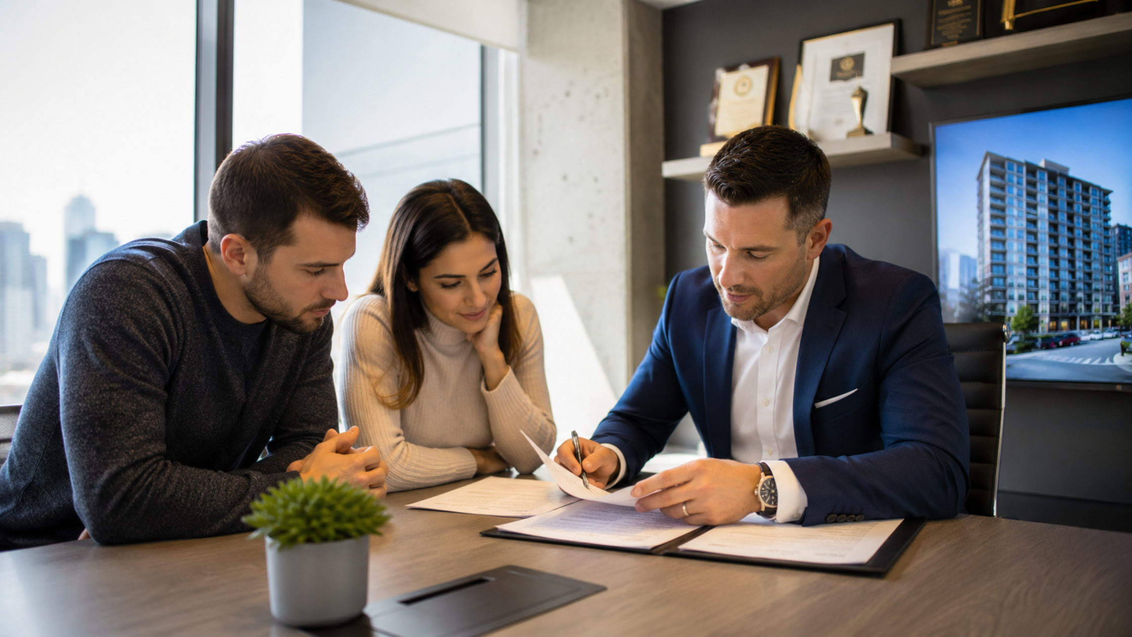A realtor sitting across from a couple at a table reviewing condo documents and financial disclosures, illustrating the due diligence process buyers should follow.