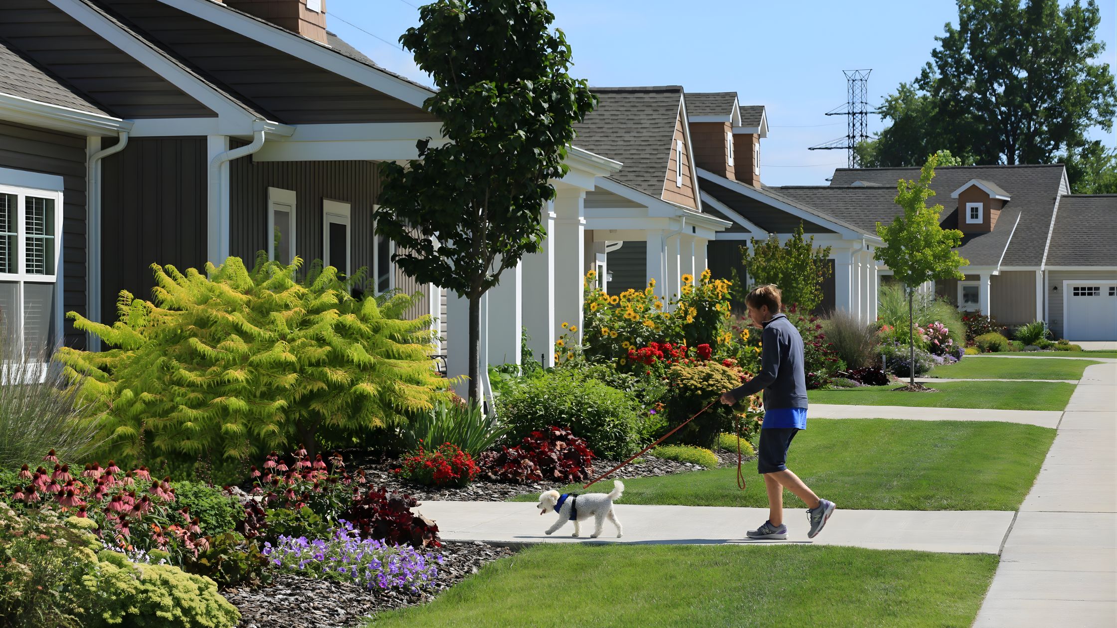 Pet owner with dog running towards the house