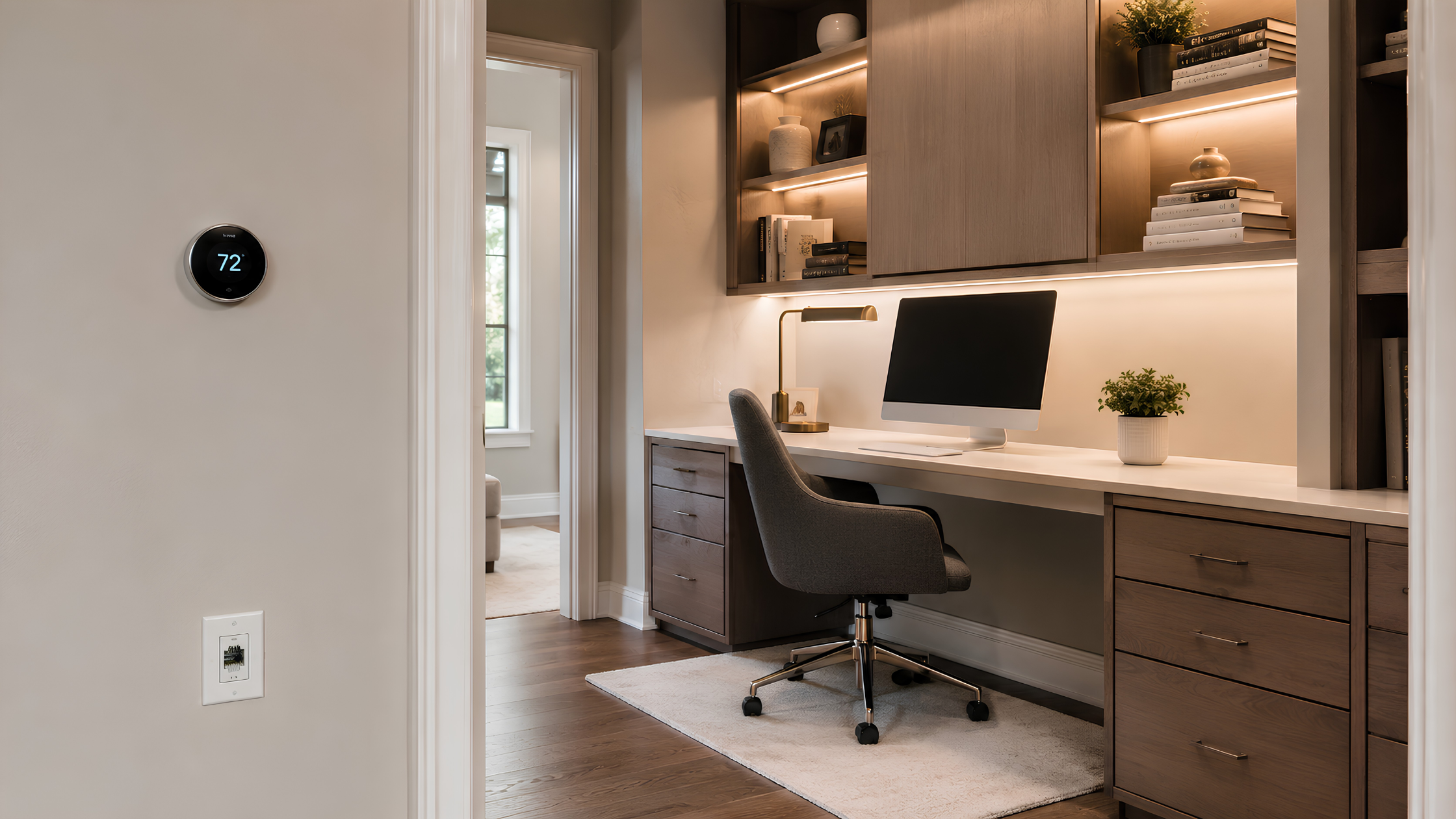 A modern home office with hardwired ethernet ports, smart thermostat on the wall, and clean cable management to show smart infrastructure done right.