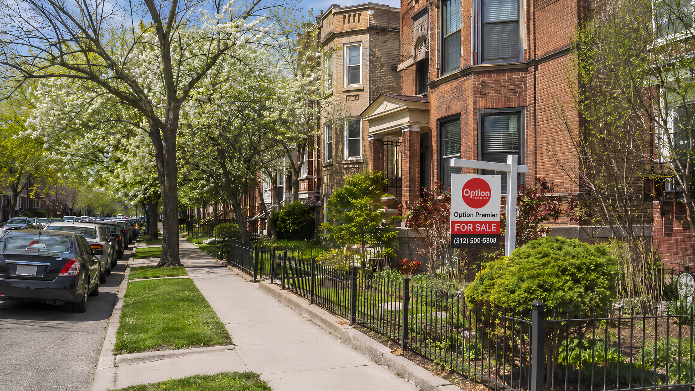A cheerful Chicago street lined with homes and blooming trees on a clear spring day, illustrating peak buyer season activity.