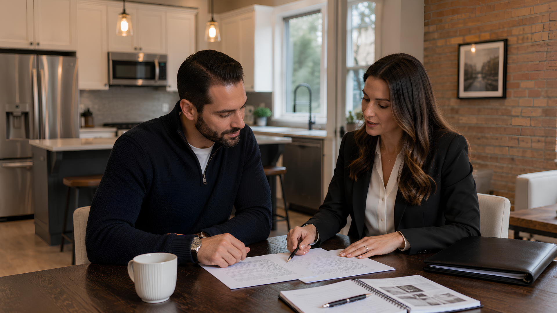 A professional real estate agent meeting with a client at a kitchen table inside a Chicago two-flat, reviewing investment documents and a laptop showing property data.
