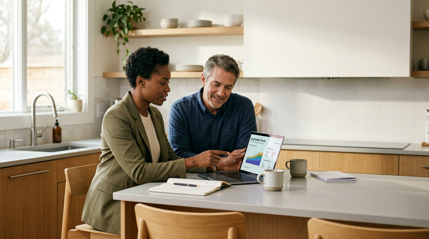 A licensed real estate agent meeting with a Chicago homeowner at a kitchen table, reviewing comparable sales data on a laptop before setting a list price.