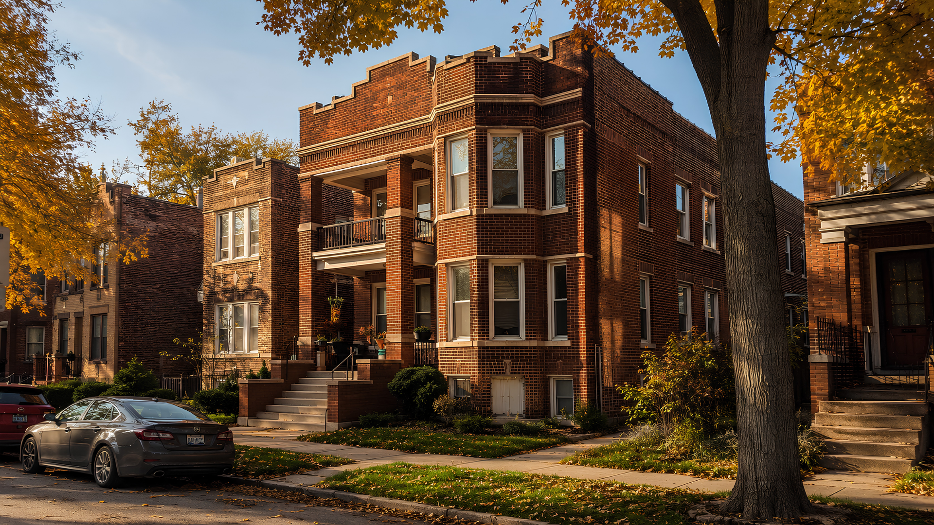 A classic Chicago two-flat building on a tree-lined residential street, representing the type of property beginners often purchase as their first investment.