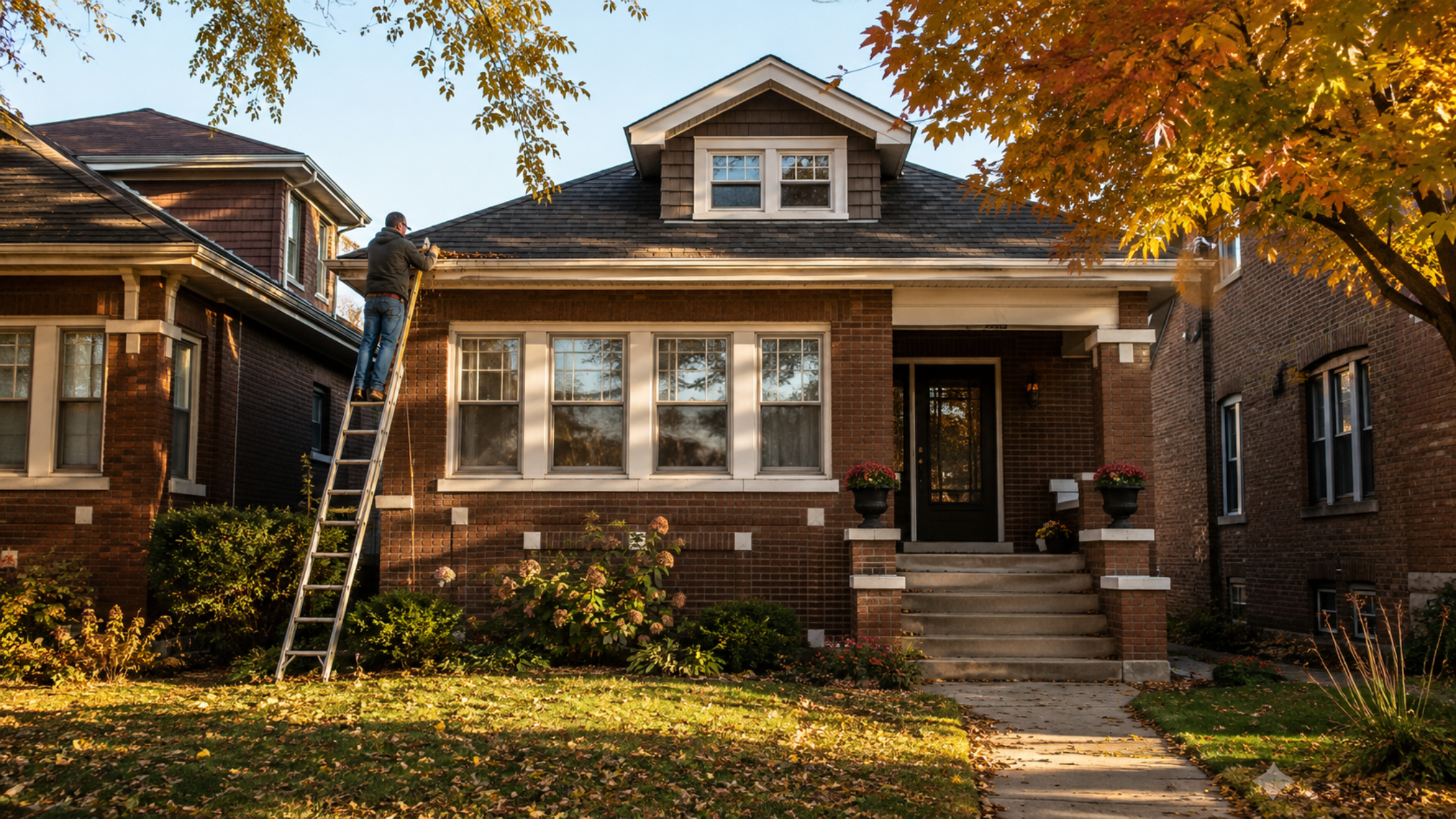 A Chicago homeowner inspecting gutters on a two-story brick home during autumn, with colorful leaves visible in the background.