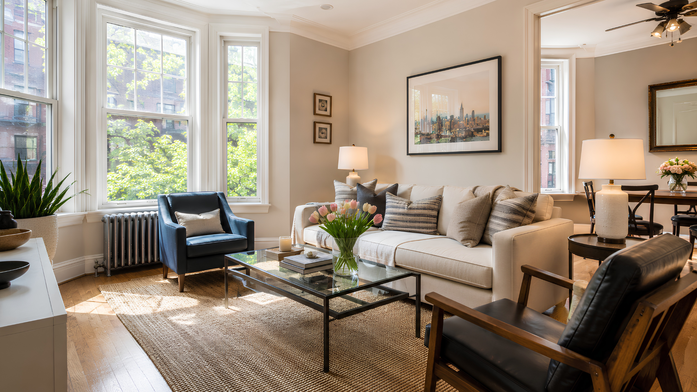 A side-by-side comparison visual of a bright, open-house-ready living room in spring versus a quiet, empty living room in winter, showing contrast in listing conditions
