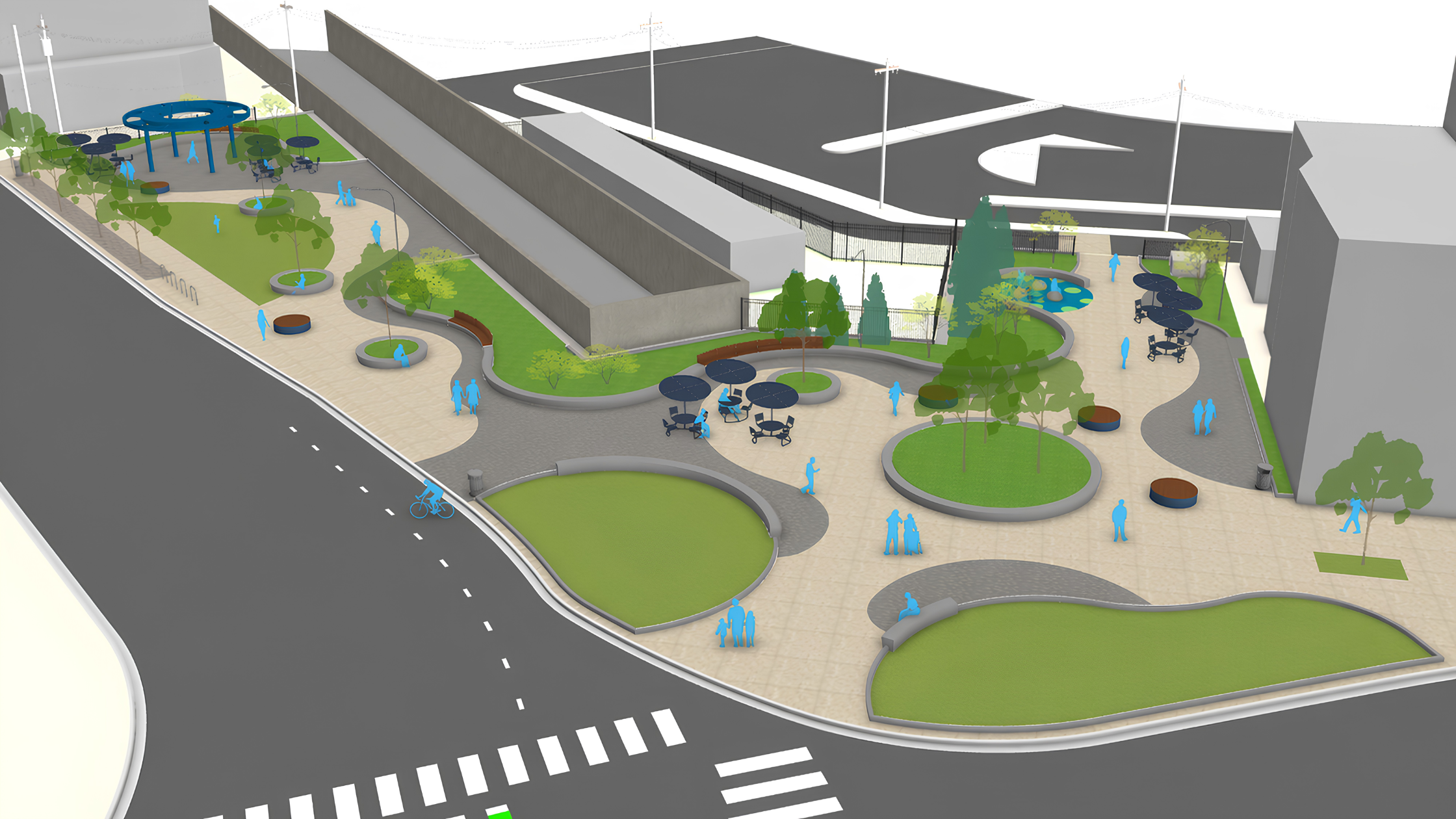 The final design rendering for the new Logan Square plaza at 2550 N. Milwaukee Ave. shows tables, chairs, green space and play areas for children. Credit: Chicago Department of Transportation