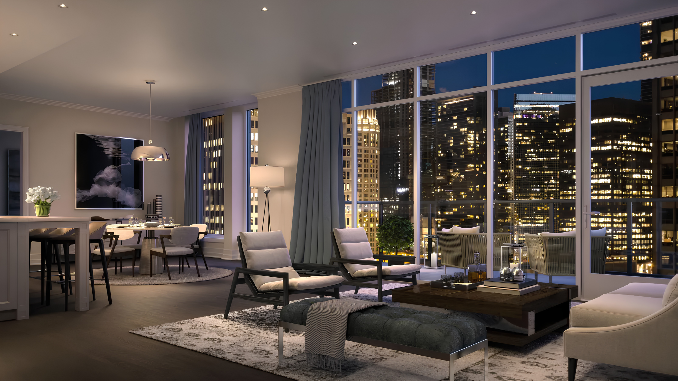 Chicago luxury apartment interior with skyline views